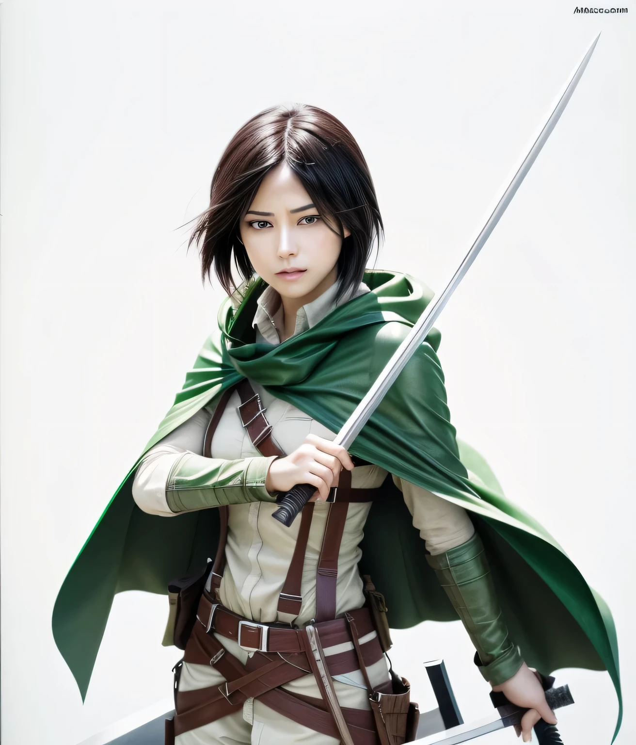 a close up of a female holding a sword and a green cape, mikasa ackerman, from attack on titan, female character, realistic, ultra detail