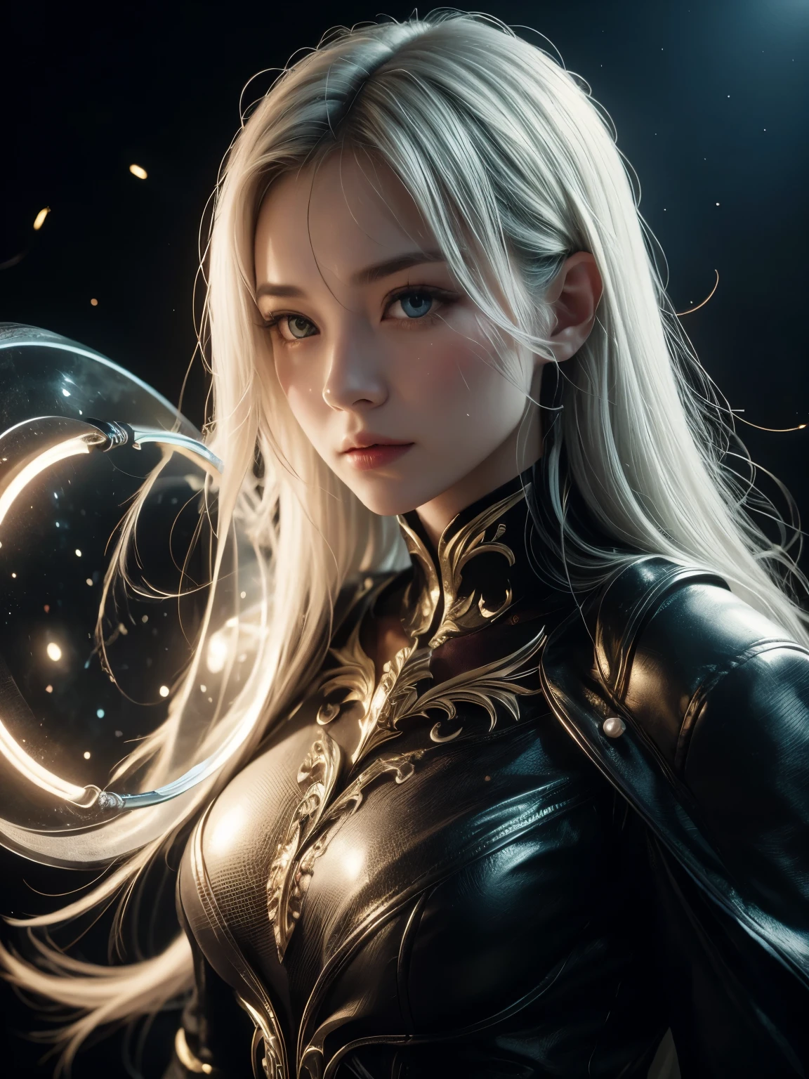 ((upper body)), best quality, masterpiece, a Japanese woman with ((Luminescence white hair)), ((detailed pearl blue eye)), high detailed goddess soul, focus on character, solo, (style swirl magic), solo, from front, front view, looking at viewer, detailed face, ((Luminescence Lighting Magic Circle theme)), perched on a ledge, tight neon body, light streaks, dark abyssal wanderer abstract, ((Simple Luminescence Neon Gown)), inscribed with mystical runes, outdoor dystopian background,