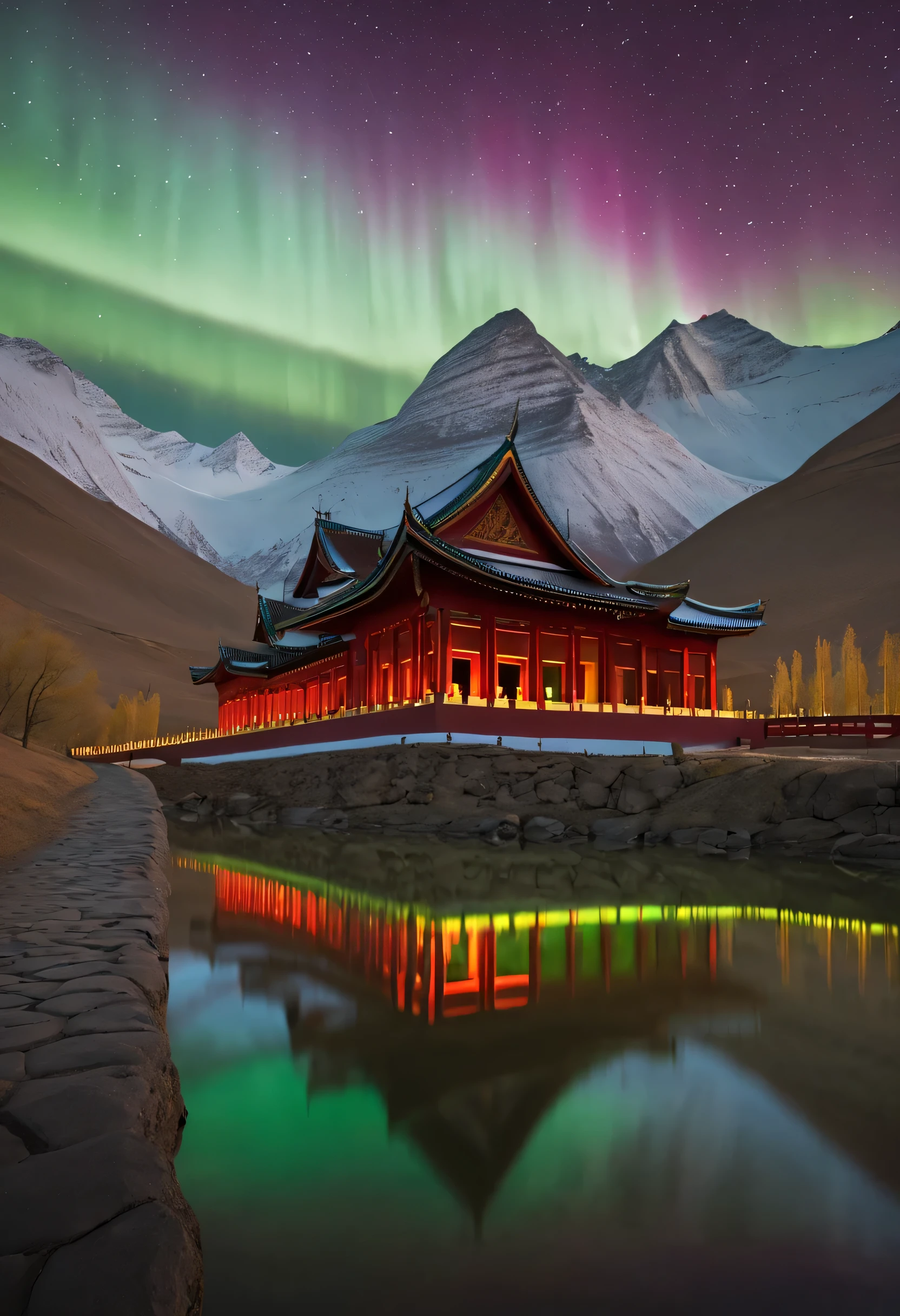 In a serene valley, an old temple is surrounded by a magnificent and colorful aurora. The light of the aurora penetrates the temple's glazed tiles, Color the entire structure red. In front of the temple, a babbling creek meanders, reflecting the colors of the aurora like a river of silver. Inside the temple, several monk chant silently, their figures illuminated by the lingering glow of the aurora, exuding solemnity and sanctity. The entire scene is filled with peacefulity and dignity, Evoking a sense of infinite universe and transcendence.

(mitigate:painting), (best quality,4K,8k,high resolution,masterpiece:1.2), (super detailed), (actual,photoactual,photo-actual:1.37), human development report, ultra high definition, studio lighting, extremely detailed description, professional, bright colors, Bokeh, portrait, landscape, aurora, temple, valley, creek, monk, serene, old, Red, solemn, peaceful, Milky Way,16k