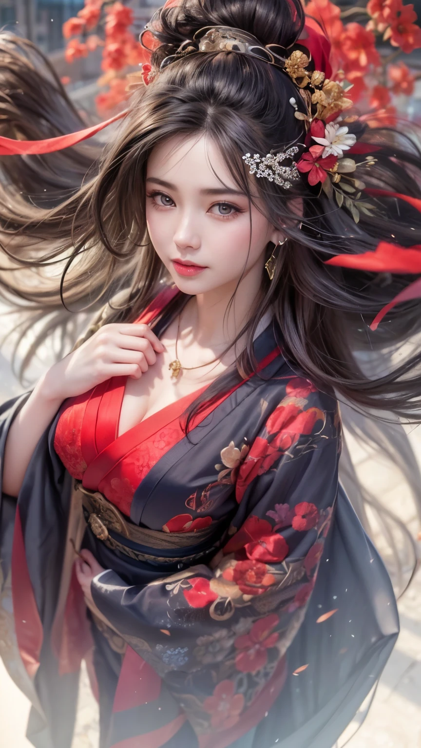 (32k:1.5, Highest quality, masterpiece, Ultra-high resolution), Perfect dynamic composition, Professional camera work:1.6, Enchantingな肖像画:1.3, Cinematic Light, Very detailedな肌と顔の質感:1.3, Very accurate, Very detailed, (Ride the Red Dragon:1.3, Holding a walking stick), (mysteriousな:1.2, Great background:1.2, tradition:1.2, Belligerent:1.2, Majestic:1.2), Adult female, Graceful Goddess, Incredibly slim body, Fair skin, (smile:0.9, Totally captivates you:1.0), (Fractal Art:1.0, Japanese Shrine Maiden Costume:1.3), Ample breasts, Sensual sitting position:0.6, Calm pose, (Beautiful Blue Eyes, Beautiful erotic eyes:0.8, Feel the beautiful eroticism:0.9), (romantic, dramatic, mysterious), Object of admiration, Artistic, Innovative, Enchanting, sense of openness, sense of cleanliness, Heartful, Fancy, exciting, Extreme, ((Adult charm, Feminine charm, Hair blowing in the wind))