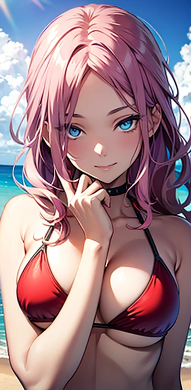 Realistic、1girl、pink hair、blue eyes、(gradient eyes),(red bikini)、light smile,forehead,cute face,face focus:1.3,upper body:1.5,beach、