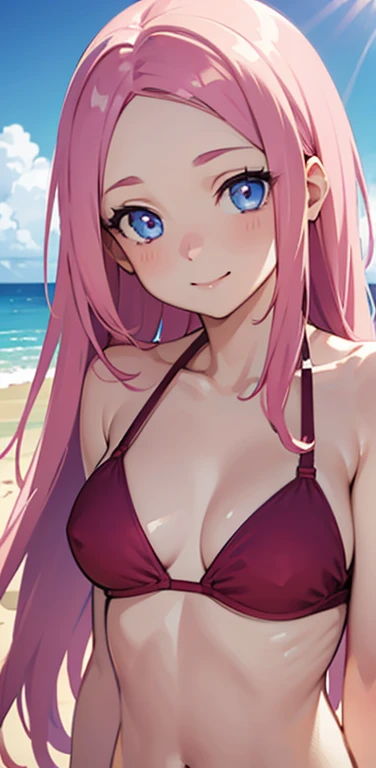 Realistic、1girl、pink hair、blue eyes、(gradient eyes),(red bikini)、light smile,forehead,cute face,face focus:1.3,upper body:1.5,beach、