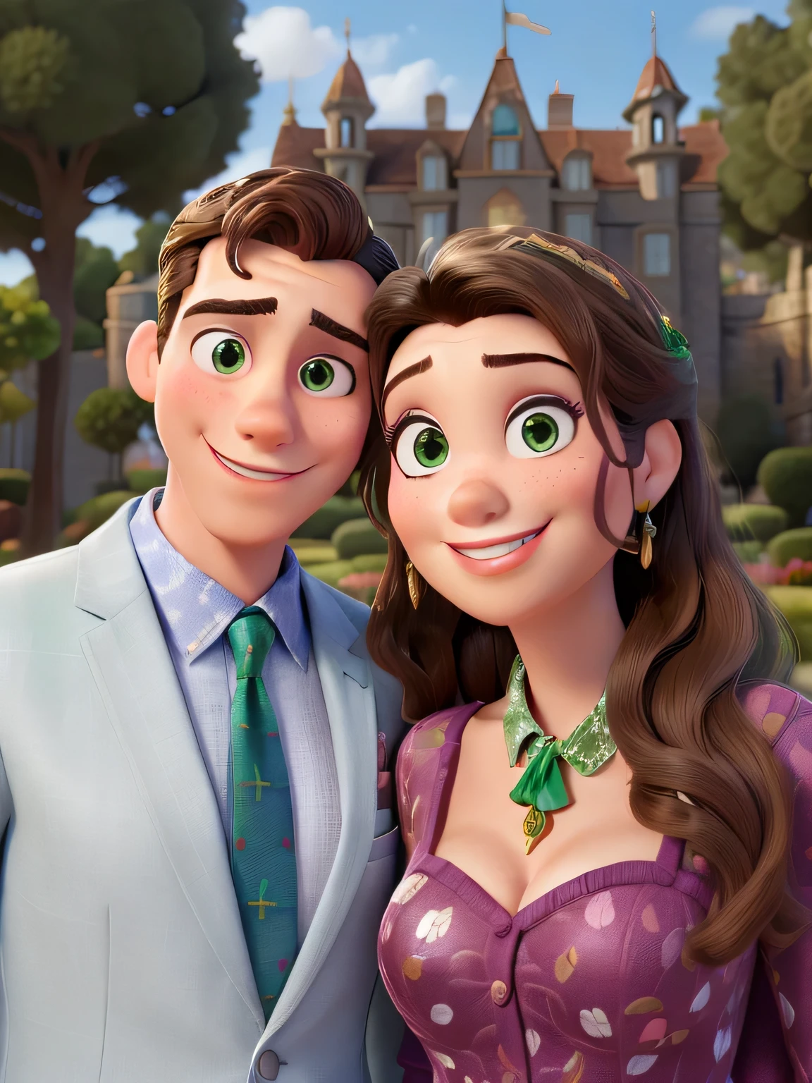 o retrato de um casal estilo disney pixar, he has green eyes and is wearing a suit and tie, e ao fundo um belo castelo, alta qualidade, melhor qualidade