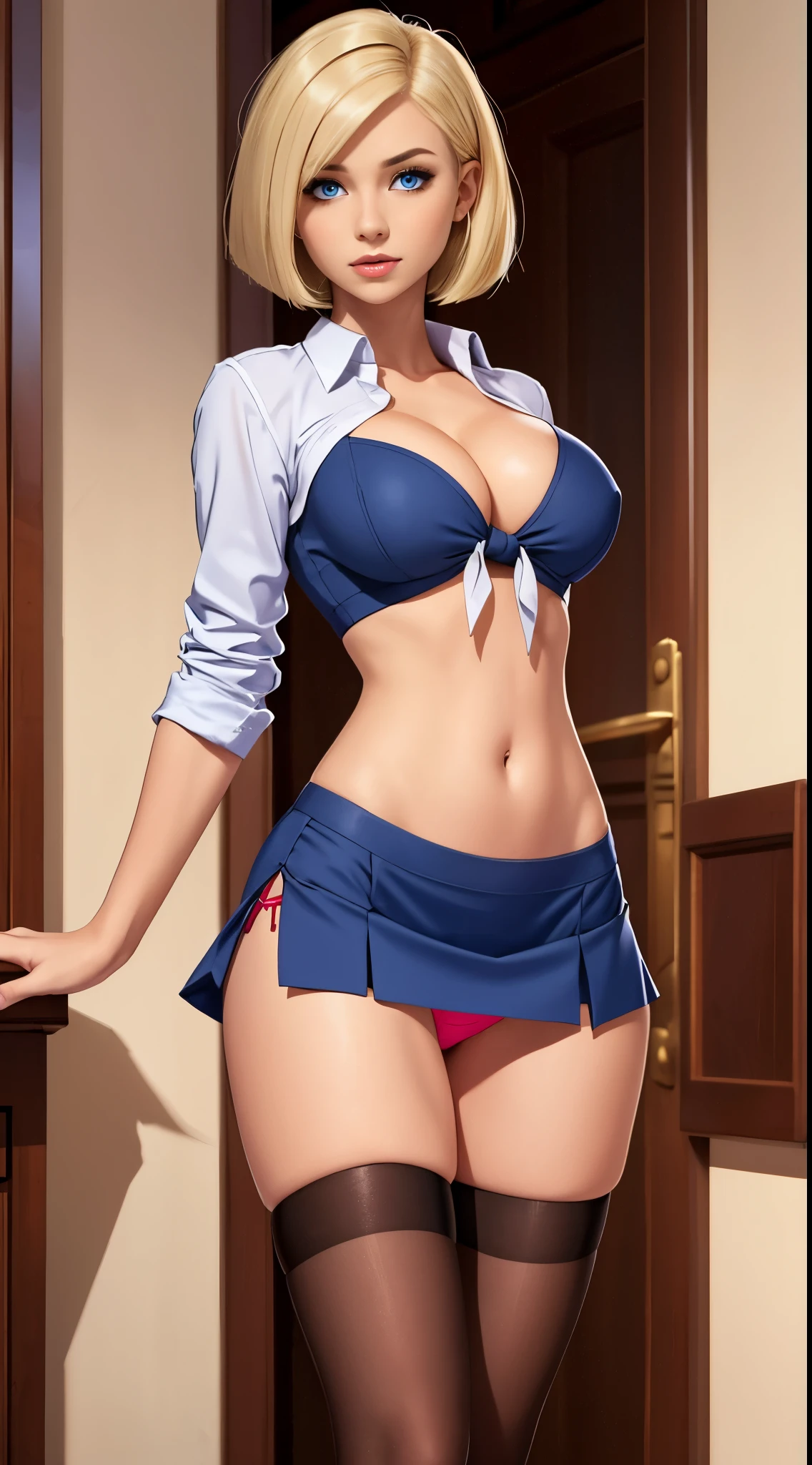 Light skin, bob cut, cleavage, tied shirt, midriff, flashing red panties, short skirt, stockings, blue eyes, blonde