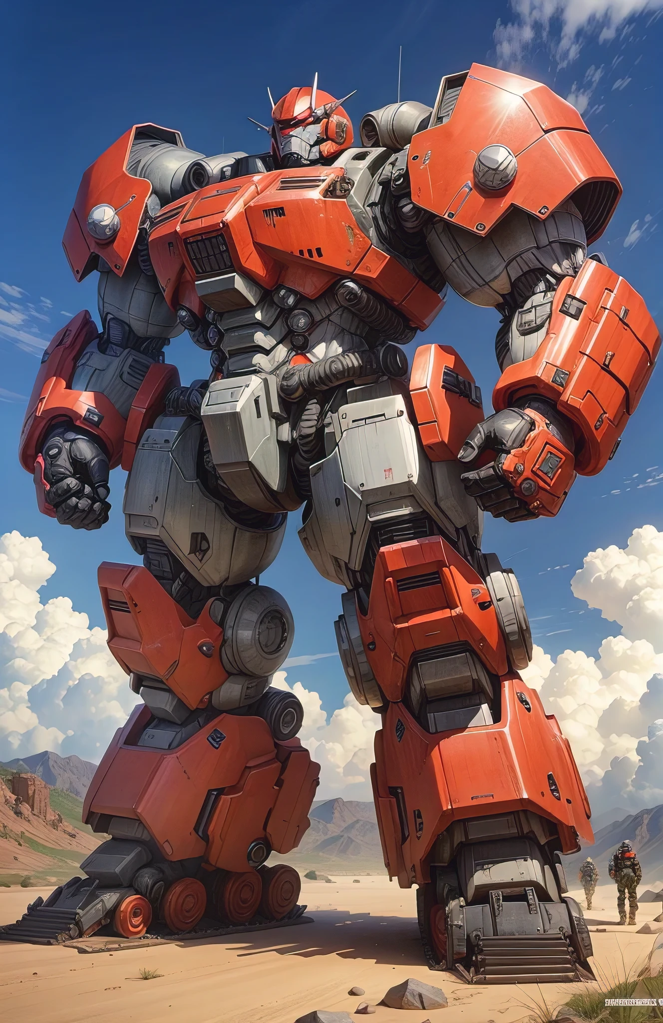 mecha with the metal face shape of a red and bege retangular head shape, bulky military mecha in the style of robocop, military mecha, super futuristic mecha, bulky design, strong and armed, giant robot