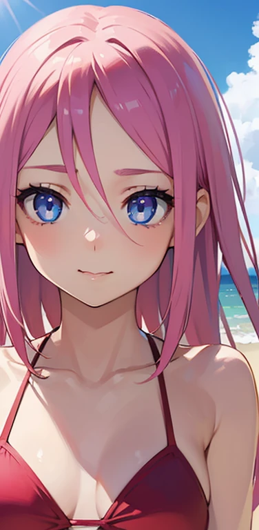 Realistic、1girl、pink hair、blue eyes、(face,face focus:1.3,upper body:1.5),(gradient eyes),(red bikini)、light smile,forehead,cute face,beach、