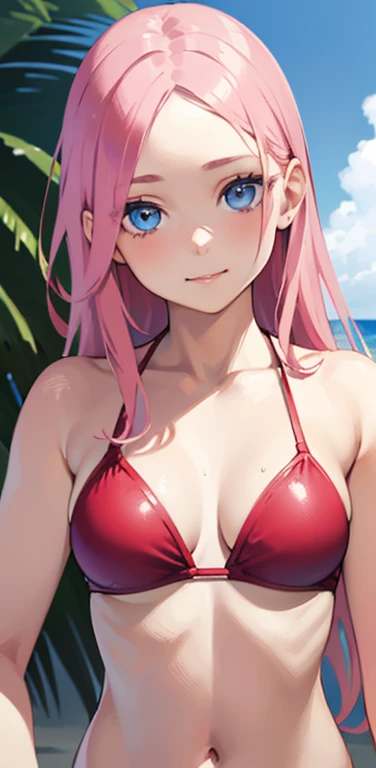 Realistic、1girl、pink hair、blue eyes、(face,face focus:1.3,upper body:1.5),(gradient eyes),(red bikini)、light smile,forehead,cute face,beach、