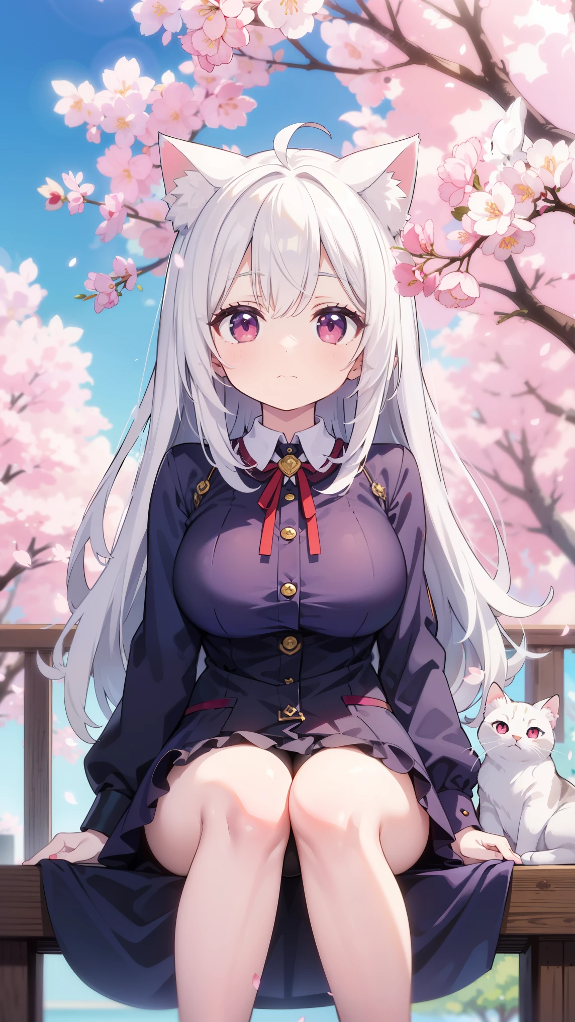 masterpiece, best quality, alone,white hair,straight hair,long hair,Pale pink eyes,cat girl,Big breasts,White cat ears,Cherry blossoms,blue sky,looking into camera,Show long legs