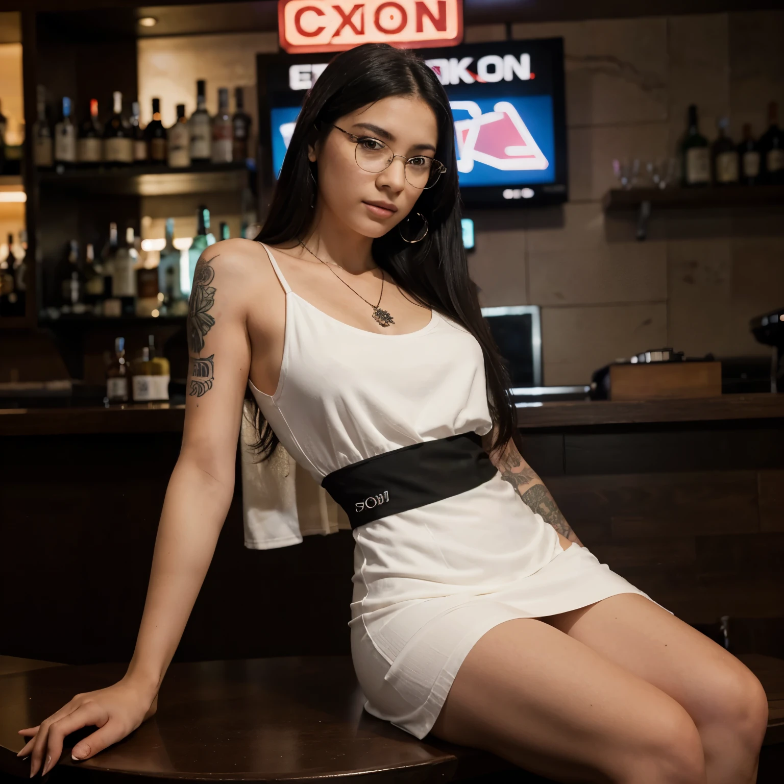 Photo of a 20 year old woman with long black hair, in a short white cocktail dress sitting at the bar of a nightclub looking at the camera, she is tattooed and wearing a necklace and high heels, the area is neon lit and there are glasses on the bar. Nikon D850 with Nikon AF-S VR Micro-NIKKOR 105mm f/2.8G IF-ED Lens, -- style raw --ar 3:4 --s 550 --v 6.0