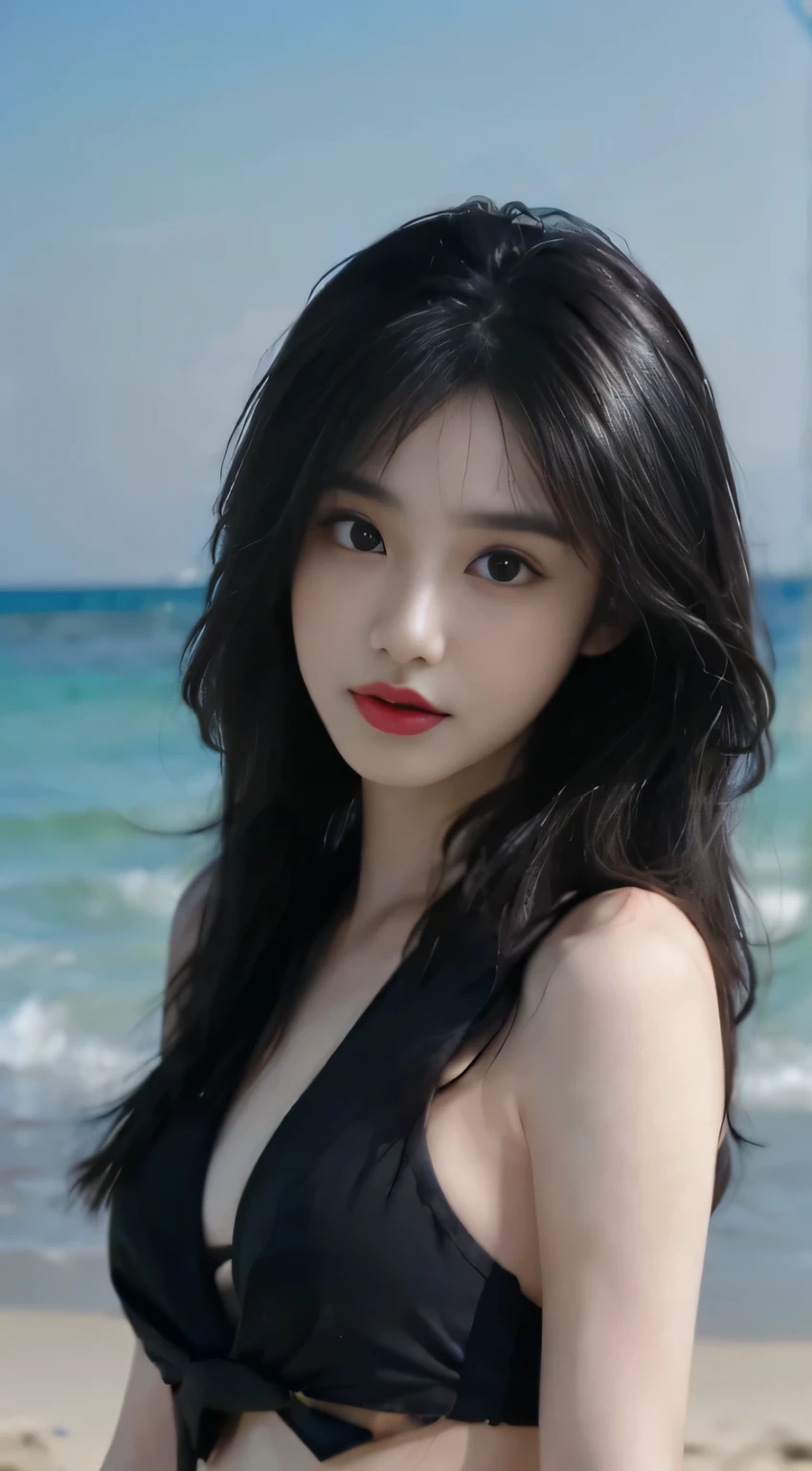 ((best quality、8k、Master masterpieces:1.3))、eyes clear and、girl with long black hair、eyes clear and、black bikini,seaside,medium breasts