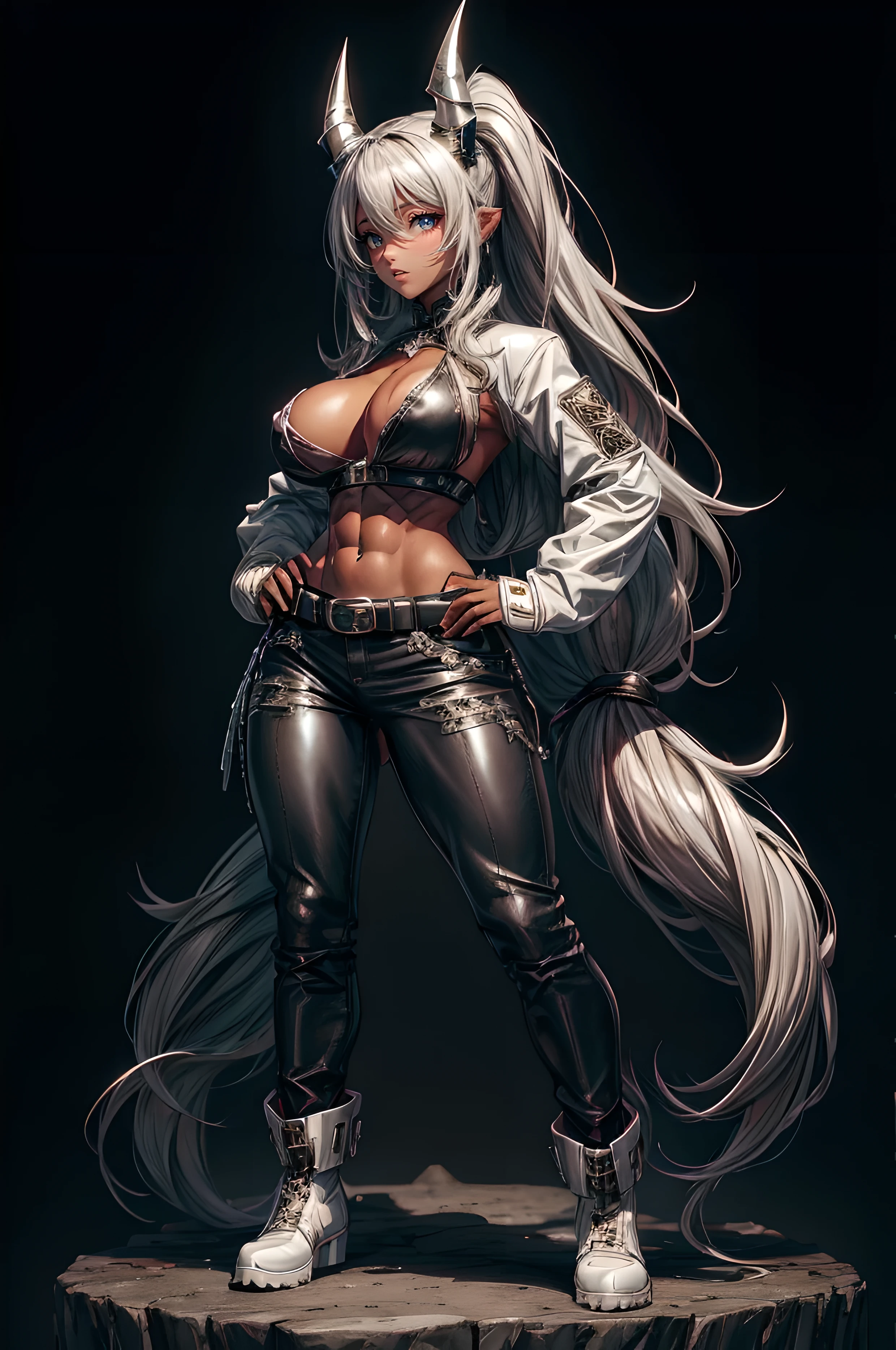 1girl, solo, long hair, breasts, looking at viewer, smile, simple background, brown hair, black hair, gloves, white background, navel, jewelry, medium breasts, very long hair, standing, jacket, tail, full body, boots, horns, black gloves, midriff, belt, pants, dark skin, fingerless gloves, collar, dark-skinned female, sparkle, muscular, black pants, abs, spikes, hands on hips, muscular female,
, (Chibi), Lolita, (Chibi) Cute girl,4 , silver hair, twintails,(simple background), huge breasts, huge breasts