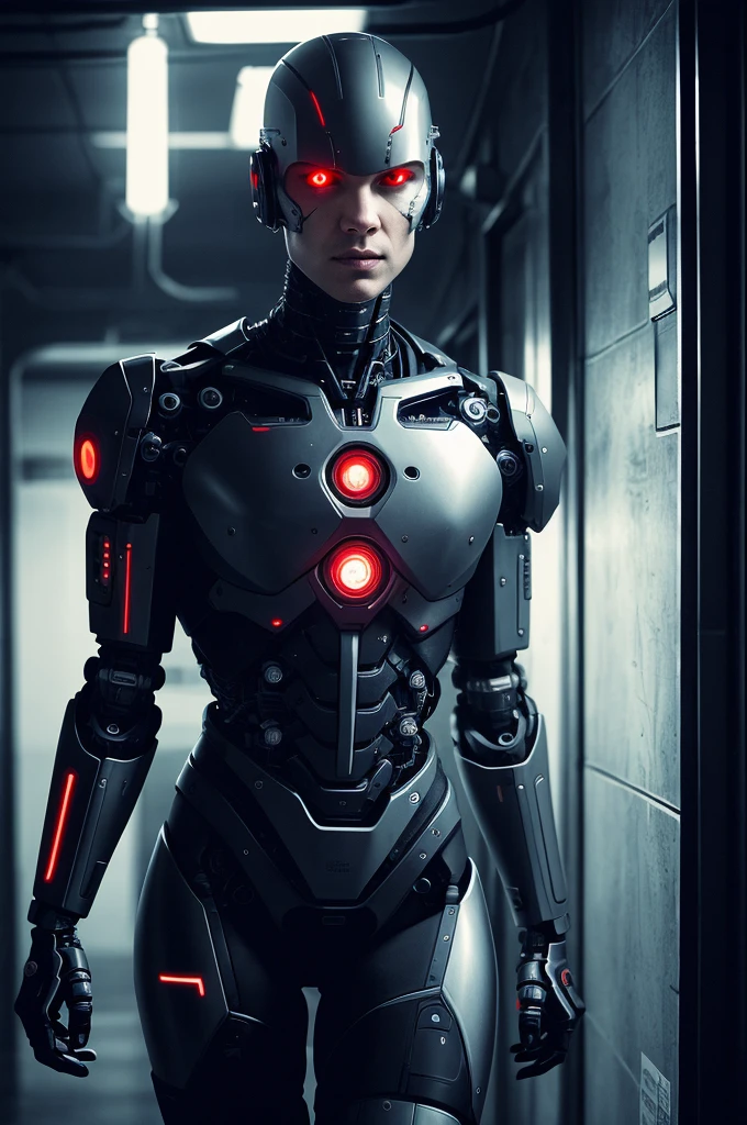 one woman, Brutal woman, cyborg, mechanical body, mechanical implants on the face, mechanical arms and legs, mechanical spine, robot, stern face, cybernetic face, red eyes, horror, fear, horror, in a dark corridor, cyberpunk style, night,  dark atmosphere, debris everywhere, eye contact, looking at viewer, masterpiece, best quality, perfect detail, perfect face detail, perfect eye detail, perfect skin detail, depth of field, perfect lighting