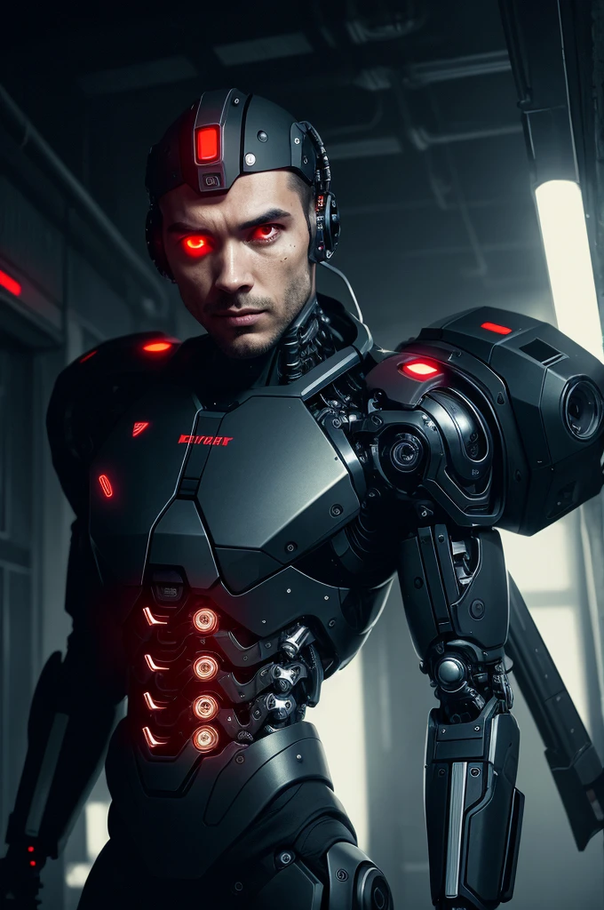 one woman, Brutal woman, cyborg, mechanical body, mechanical implants on the face, mechanical arms and legs, mechanical spine, robot, stern face, cybernetic face, red eyes, horror, fear, horror, in a dark corridor, cyberpunk style, night,  dark atmosphere, debris everywhere, eye contact, looking at viewer, masterpiece, best quality, perfect detail, perfect face detail, perfect eye detail, perfect skin detail, depth of field, perfect lighting