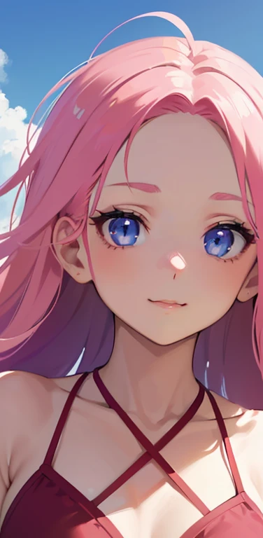 Realistic、1girl、pink hair、blue eyes、(face,face focus:1.3,upper body:1.5),(gradient eyes),(red bikini)、light smile,forehead,cute face,portrait,beach、