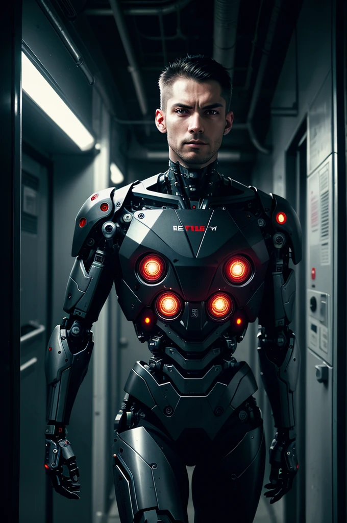 one woman, Brutal woman, cyborg, mechanical body, mechanical implants on the face, mechanical arms and legs, mechanical spine, robot, stern face, cybernetic face, red eyes, horror, fear, horror, in a dark corridor, cyberpunk style, night,  dark atmosphere, debris everywhere, eye contact, looking at viewer, masterpiece, best quality, perfect detail, perfect face detail, perfect eye detail, perfect skin detail, depth of field, perfect lighting