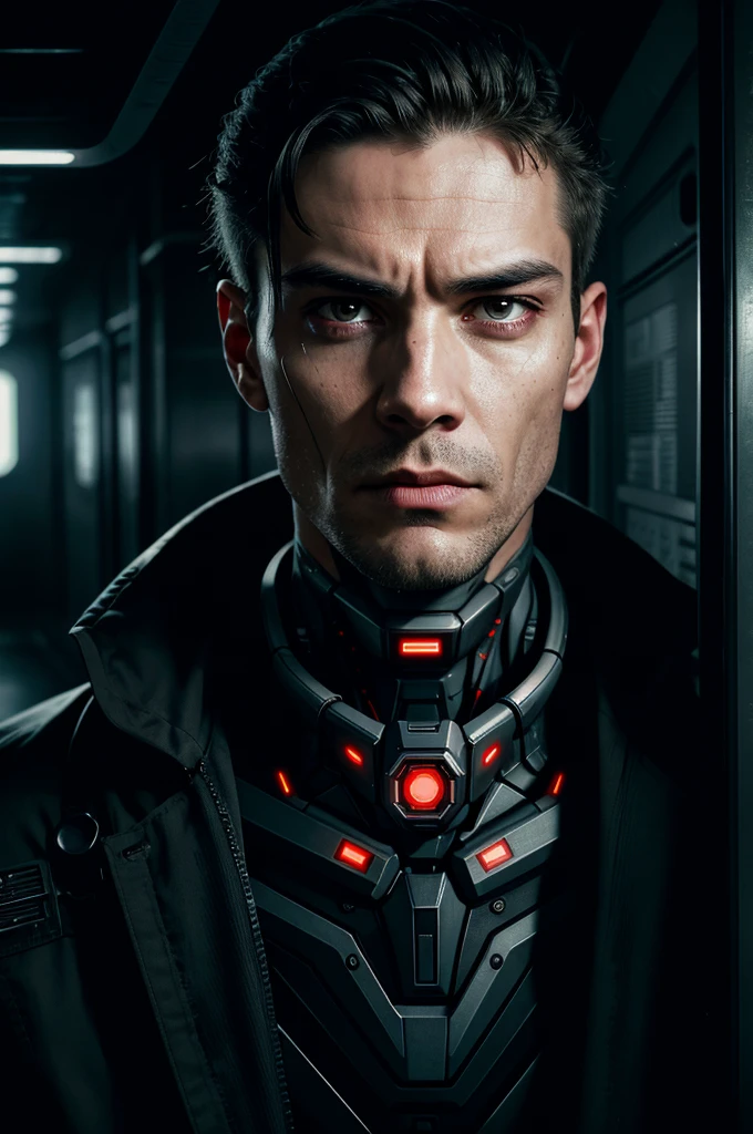 one woman, Brutal woman, cyborg, mechanical body, mechanical implants on the face, mechanical arms and legs, mechanical spine, robot, stern face, cybernetic face, red eyes, horror, fear, horror, in a dark corridor, cyberpunk style, night,  dark atmosphere, debris everywhere, eye contact, looking at viewer, masterpiece, best quality, perfect detail, perfect face detail, perfect eye detail, perfect skin detail, depth of field, perfect lighting