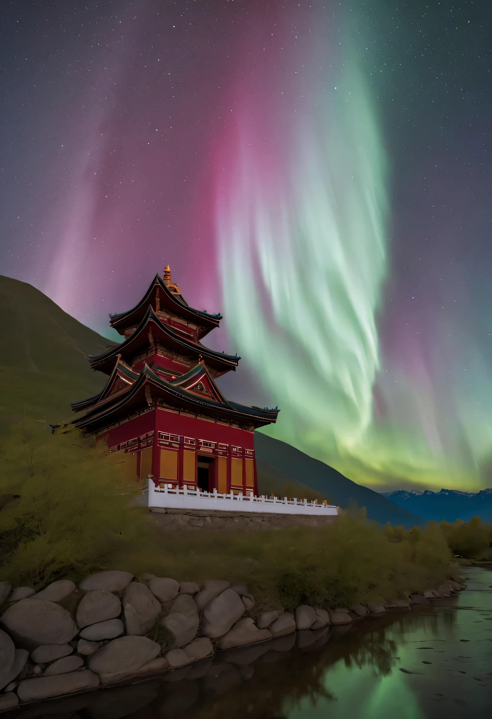 In a serene valley, an old temple is surrounded by a magnificent and colorful aurora. The light of the aurora penetrates the temple's glazed tiles, Color the entire structure red. In front of the temple, a babbling creek meanders, reflecting the colors of the aurora like a river of silver. Inside the temple, several monk chant silently, their figures illuminated by the lingering glow of the aurora, exuding solemnity and sanctity. The entire scene is filled with peacefulity and dignity, Evoking a sense of infinite universe and transcendence. (Relieved:), (best quality,4K,8k,high resolution,masterpiece:1.2), (super detailed), (actual,photoactual,photo-actual:1.37), human development report, ultra high definition, studio lighting, extremely detailed description, professional, bright colors, Bokeh, portrait, landscape, aurora, temple, valley, creek, monk, serene, old, Red, solemn, peaceful, Milky Way,16k