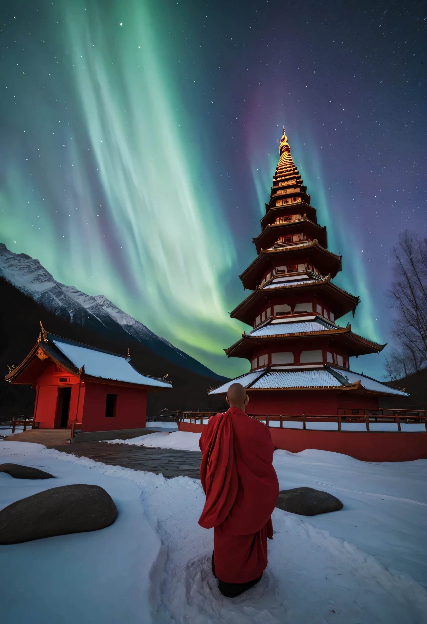 In a serene valley, an old temple is surrounded by a magnificent and colorful aurora. The light of the aurora penetrates the temple's glazed tiles, Color the entire structure red. In front of the temple, a babbling creek meanders, reflecting the colors of the aurora like a river of silver. Inside the temple, several monk chant silently, their figures illuminated by the lingering glow of the aurora, exuding solemnity and sanctity. The entire scene is filled with peacefulity and dignity, Evoking a sense of infinite universe and transcendence. (Relieved:), (best quality,4K,8k,high resolution,masterpiece:1.2), (super detailed), (actual,photoactual,photo-actual:1.37), human development report, ultra high definition, studio lighting, extremely detailed description, professional, bright colors, Bokeh, portrait, landscape, aurora, temple, valley, creek, monk, serene, old, Red, solemn, peaceful, Milky Way,16k
