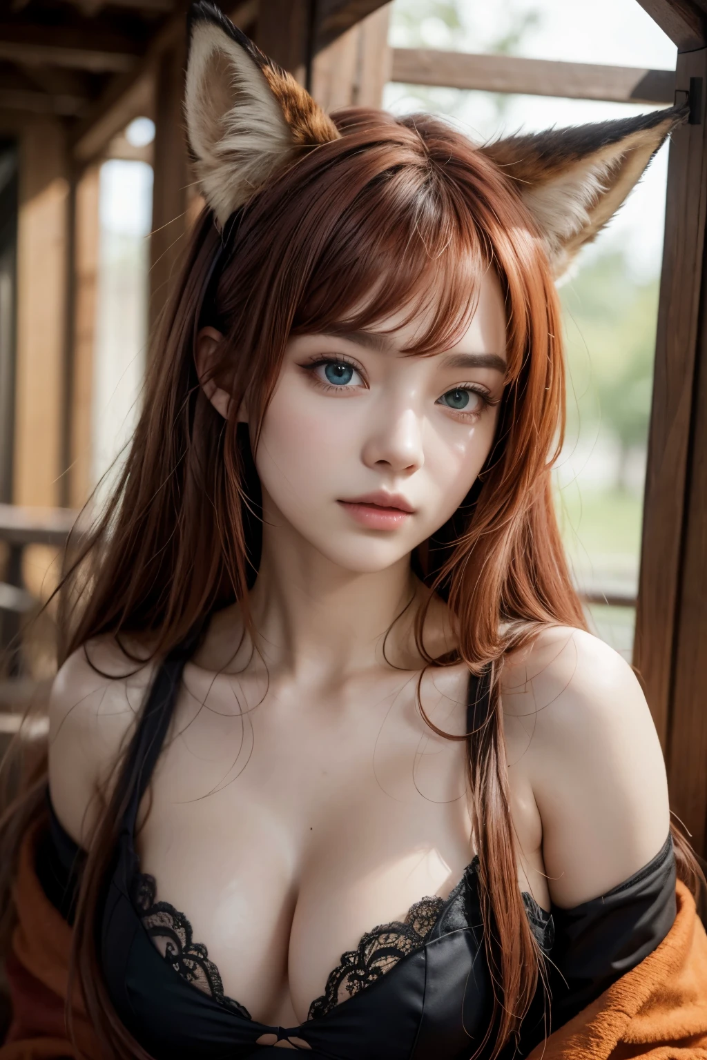 Beautiful sorcerer woman with fox ears, red hair, green eyes, mysterious look