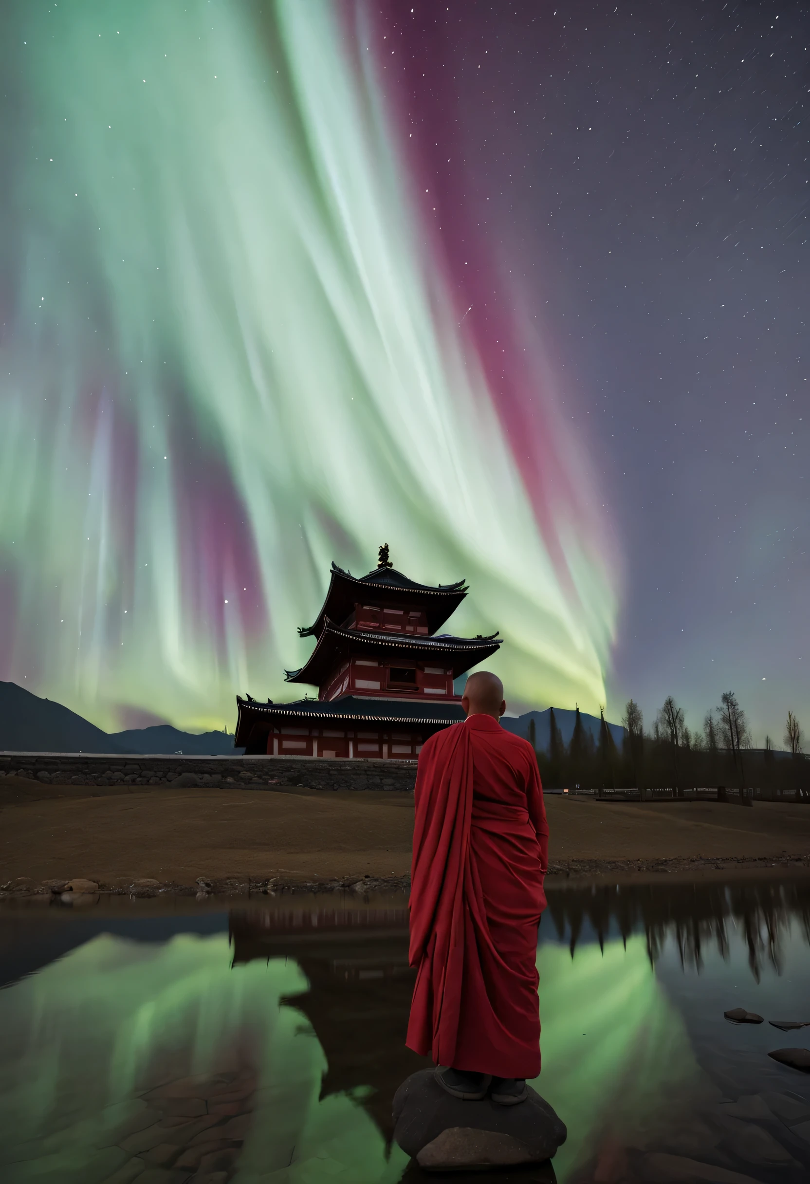 In a serene valley, an old temple is surrounded by a magnificent and colorful aurora. The light of the aurora penetrates the temple's glazed tiles, Color the entire structure red. In front of the temple, a babbling creek meanders, reflecting the colors of the aurora like a river of silver. Inside the temple, several monk chant silently, their figures illuminated by the lingering glow of the aurora, exuding solemnity and sanctity. The entire scene is filled with peacefulity and dignity, Evoking a sense of infinite universe and transcendence. (Relieved:), (best quality,4K,8k,high resolution,masterpiece:1.2), (super detailed), (actual,photoactual,photo-actual:1.37), human development report, ultra high definition, studio lighting, extremely detailed description, professional, bright colors, Bokeh, portrait, landscape, aurora, temple, valley, creek, monk, serene, old, Red, solemn, peaceful, Milky Way,16k
