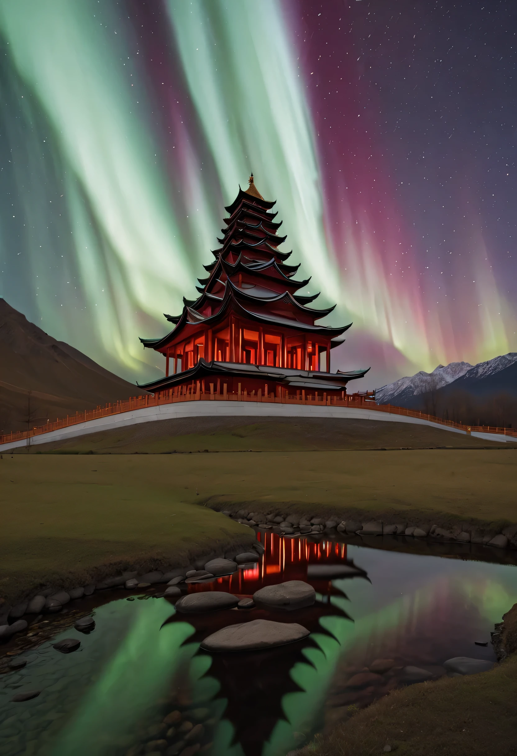 In a serene valley, an old temple is surrounded by a magnificent and colorful aurora. The light of the aurora penetrates the temple's glazed tiles, Color the entire structure red. In front of the temple, a babbling creek meanders, reflecting the colors of the aurora like a river of silver. Inside the temple, several monk chant silently, their figures illuminated by the lingering glow of the aurora, exuding solemnity and sanctity. The entire scene is filled with peacefulity and dignity, Evoking a sense of infinite universe and transcendence. (Relieved:), (best quality,4K,8k,high resolution,masterpiece:1.2), (super detailed), (actual,photoactual,photo-actual:1.37), human development report, ultra high definition, studio lighting, extremely detailed description, professional, bright colors, Bokeh, portrait, landscape, aurora, temple, valley, creek, monk, serene, old, Red, solemn, peaceful, Milky Way,16k
