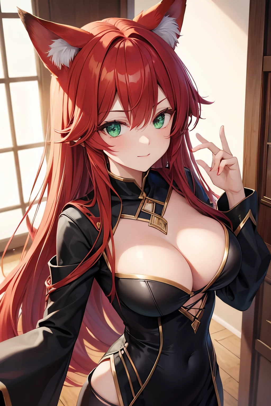 Beautiful sorcerer woman with fox ears, red hair, green eyes, mysterious look
