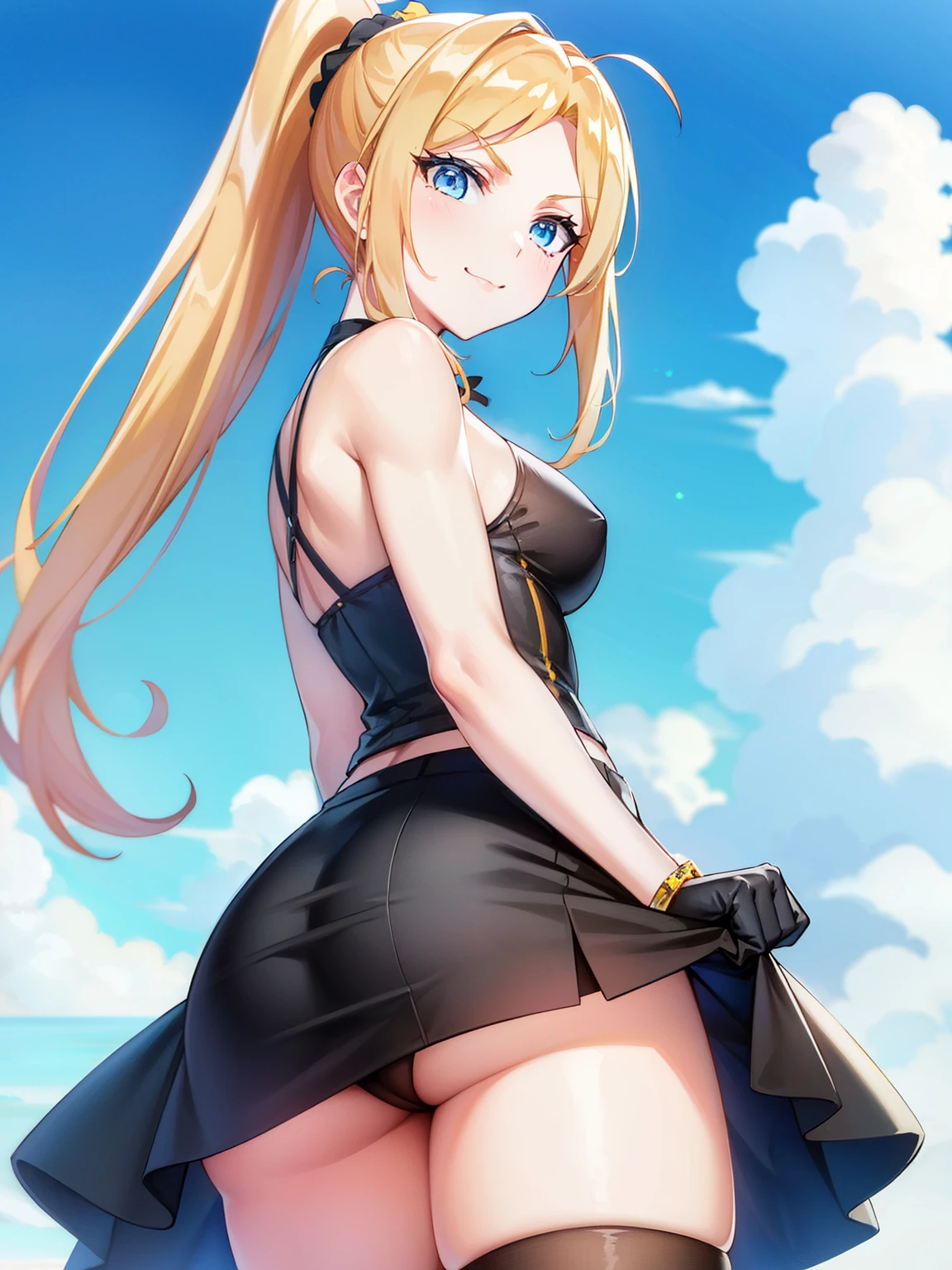 (masterpiece,best quality, detailed), claire thomas, long hair, blue eyes, blonde hair, ponytail, scrunchie, simple background,looking at viewer, standing, cowboy shot, skindentation,sexy pose, solo, 1girl,,smile, :>=, lips, black thighhighs, black gloves,black choker, no panties, pussy,arms behind back