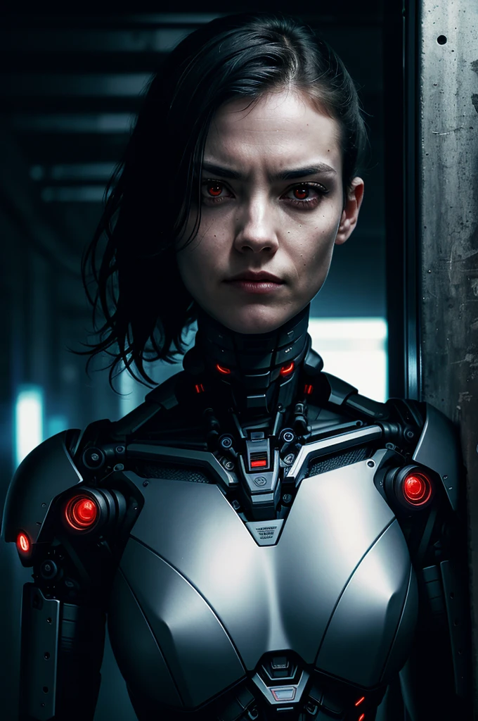 one woman, Brutal woman, cyborg, mechanical body, mechanical implants on the face, mechanical arms and legs, mechanical spine, robot, stern face, cybernetic face, red eyes, horror, fear, horror, in a dark corridor, cyberpunk style, night,  dark atmosphere, debris everywhere, eye contact, looking at viewer, masterpiece, best quality, perfect detail, perfect face detail, perfect eye detail, perfect skin detail, depth of field, perfect lighting