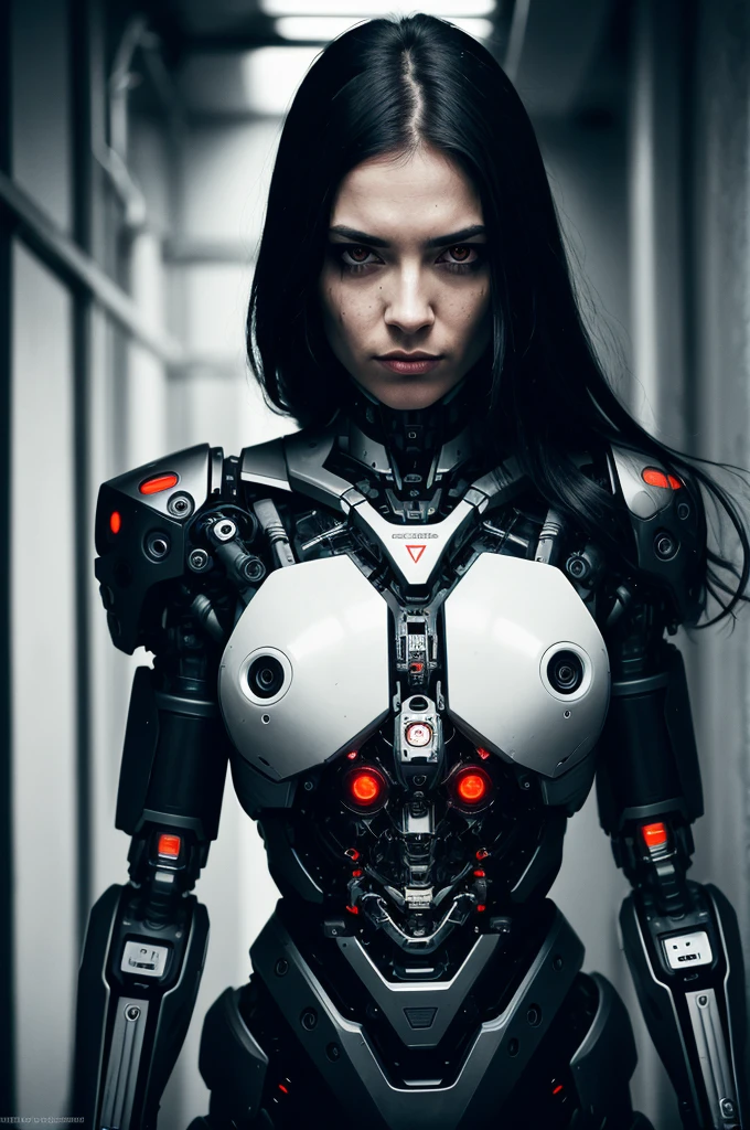 one woman, Brutal woman, cyborg, mechanical body, mechanical implants on the face, mechanical arms and legs, mechanical spine, robot, stern face, cybernetic face, red eyes, horror, fear, horror, in a dark corridor, cyberpunk style, night,  dark atmosphere, debris everywhere, eye contact, looking at viewer, masterpiece, best quality, perfect detail, perfect face detail, perfect eye detail, perfect skin detail, depth of field, perfect lighting