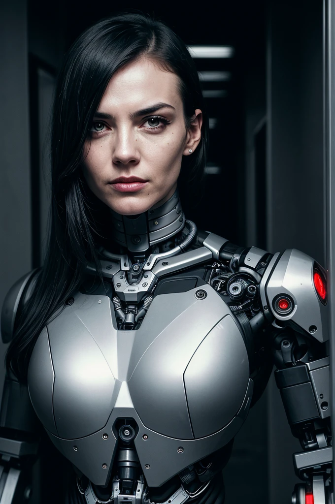 one woman, Brutal woman, cyborg, mechanical body, mechanical implants on the face, mechanical arms and legs, mechanical spine, robot, stern face, cybernetic face, red eyes, horror, fear, horror, in a dark corridor, cyberpunk style, night,  dark atmosphere, debris everywhere, eye contact, looking at viewer, masterpiece, best quality, perfect detail, perfect face detail, perfect eye detail, perfect skin detail, depth of field, perfect lighting