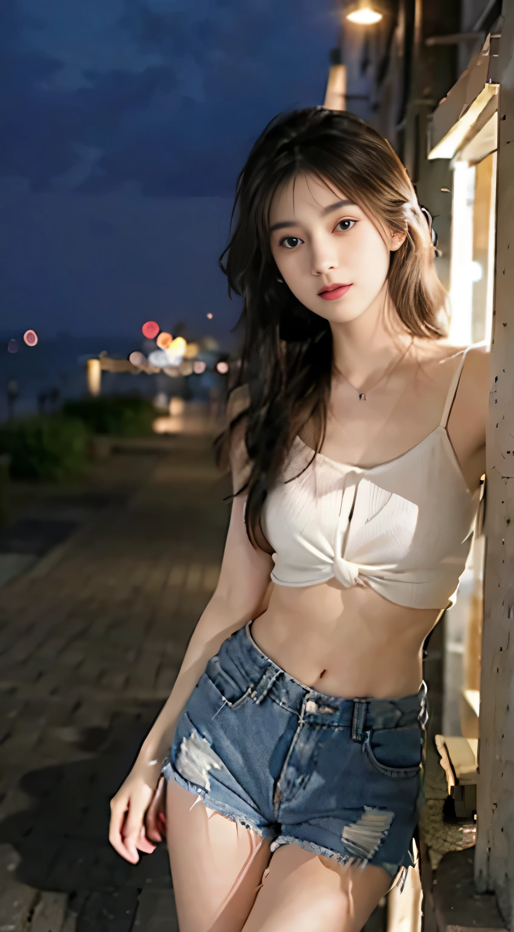 (masterpiece:1.2),best quality,high resolution,unified 8k wallpaper,(illustration:1),beautiful and delicate eyes:,extremely detailed face,perfect lighting,photo_\(mitigate\),photoactual,actual, 1 girl, alone, shorts, fireworks, denim, black hair, jewelry, denim shorts, necklace, long hair, septum, navel, looking at the audience, cutoff point, brown eyes, night, beach, sunglasses, short shorts, outdoor, {nude:1.3}