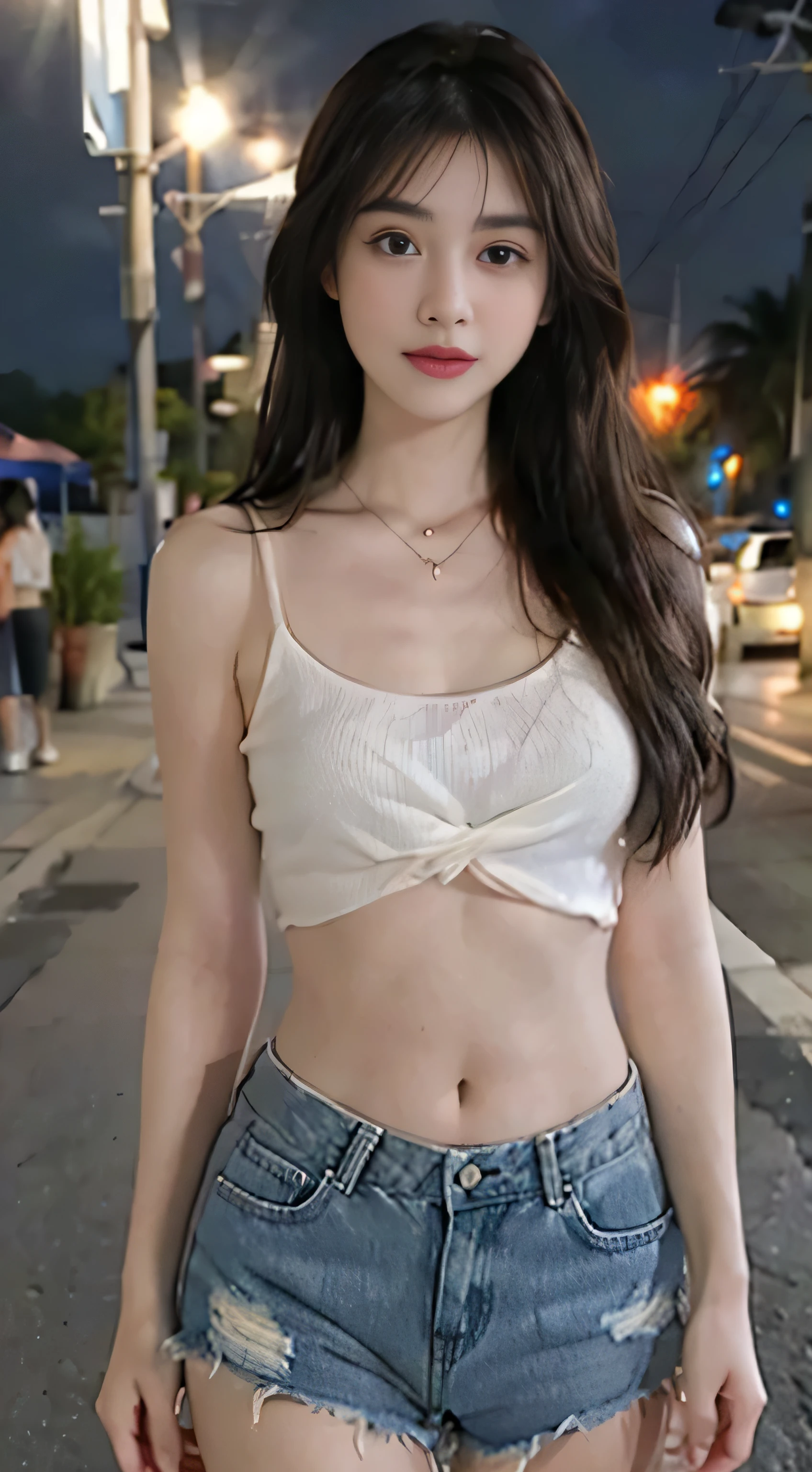 (masterpiece:1.2),best quality,high resolution,unified 8k wallpaper,(illustration:1),beautiful and delicate eyes:,extremely detailed face,perfect lighting,photo_\(mitigate\),photoactual,actual, 1 girl, alone, shorts, fireworks, denim, black hair, jewelry, denim shorts, necklace, long hair, septum, navel, looking at the audience, cutoff point, brown eyes, night, beach, sunglasses, short shorts, outdoor, {nude:1.3}