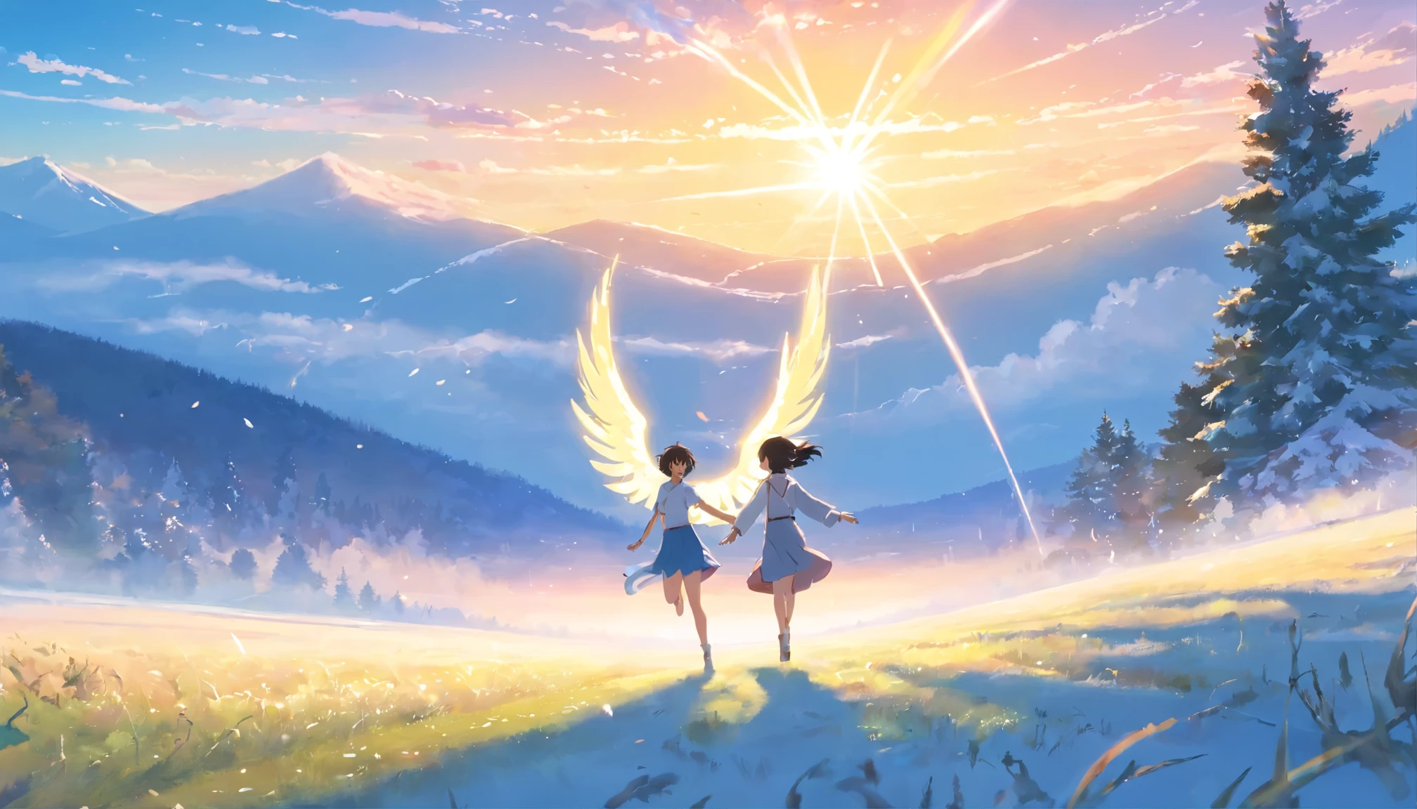 an angel dances next to a demon, two characters dancing, field, the forest, sunny winter landscape