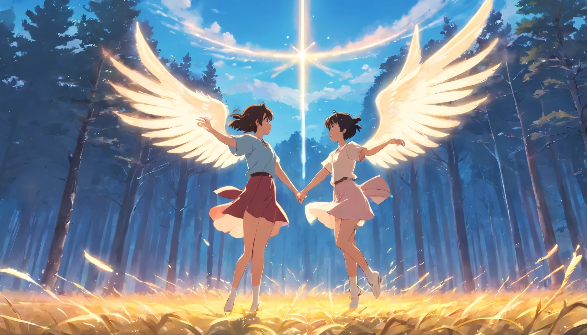 an angel dances next to a demon, two characters dancing, field, the forest, sunny winter landscape