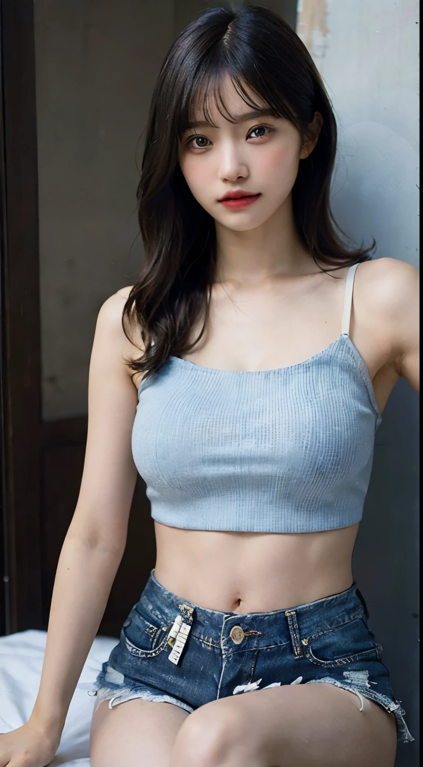 (photorealistic:1.8),(bokeh:0.3),((((film grain)))),(masterpiece:1.2),(highest quality:1.2),8k,raw photo,High-quality texture,detailed texture, Girl in thin low cut camisole and tight denim shorts poses for photo、full body Esbian、Cropped T-shirt、bra very、Slim body、(big breasts)、Slim Girl Model、24歳の女性モデル、Beautiful body Highly detailed face　Facing the front　Navel out　See all Lower abdomen　showing a beautiful belly　Too torn denim shorts　Shabby denim shorts　Thigh exposure　Shabby string camisole　Only the strings are too short camisoles　Denim shorts that are too short　genitals are visible　Low-rise denim shorts　Micro Denim Shorts　Scanty　Denim panties　Show all your beautiful body