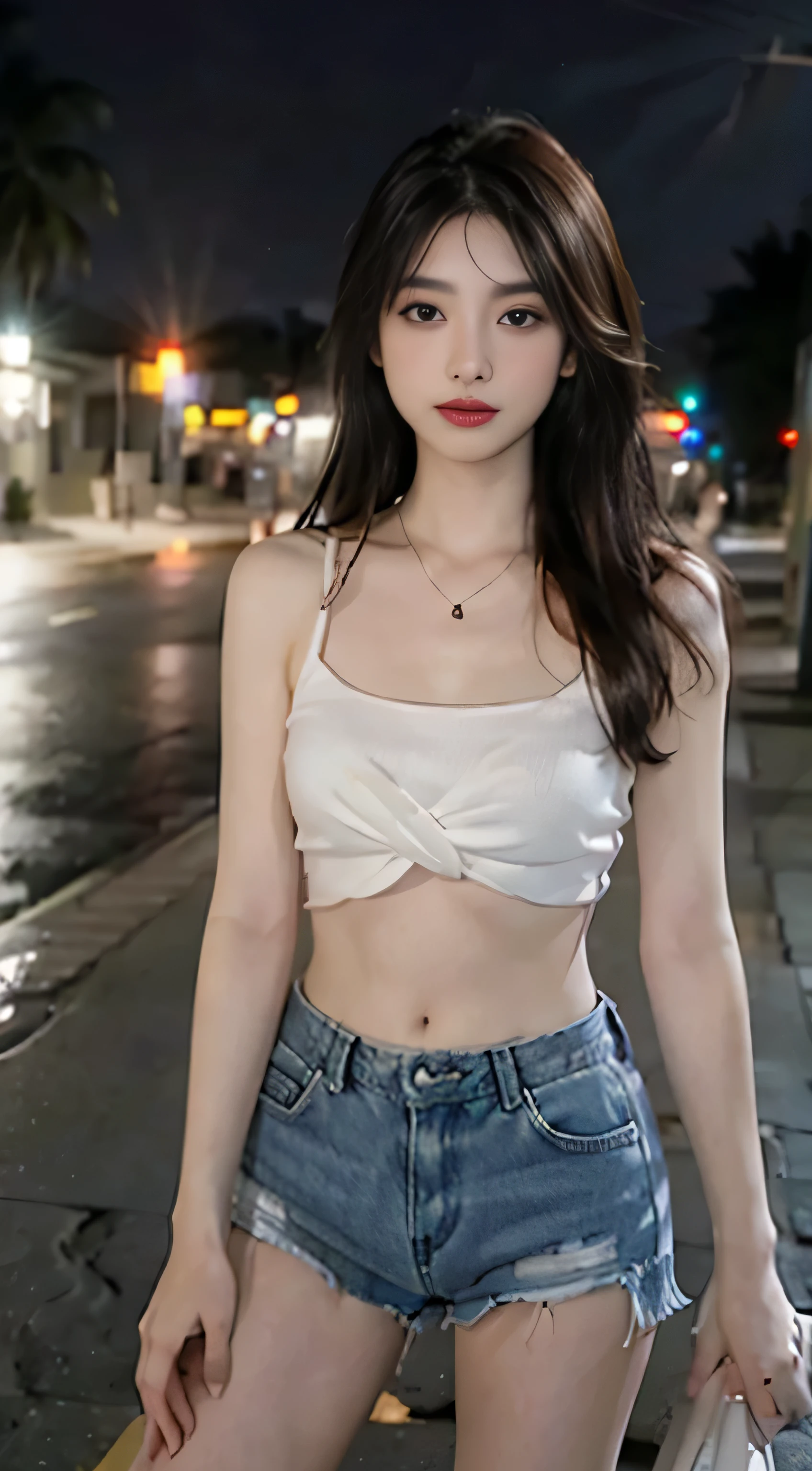 (masterpiece:1.2),best quality,high resolution,unified 8k wallpaper,(illustration:1),beautiful and delicate eyes:,extremely detailed face,perfect lighting,photo_\(mitigate\),photoactual,actual, 1 girl, alone, shorts, fireworks, denim, black hair, jewelry, denim shorts, necklace, long hair, septum, navel, looking at the audience, cutoff point, brown eyes, night, beach, sunglasses, short shorts, outdoor, {nude:1.3}
