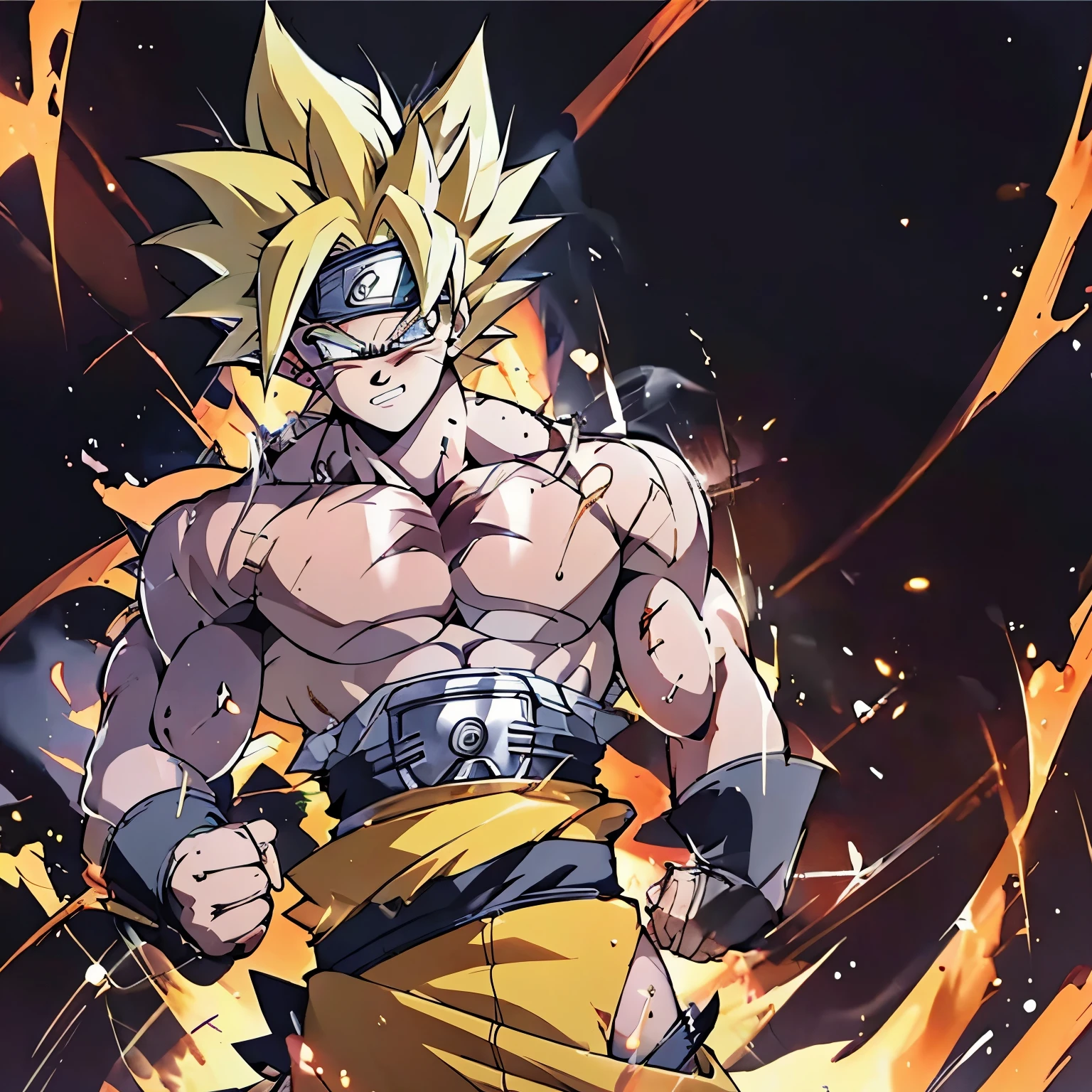 Naruto uzumaki, transforming into a super saiyan for the first time, enraged, aura, gritted teeth, battle damage, no pupil’s, damaged clothes, visible muscles, detailed face, detailed muscles, high quality, dragon ball z art style, white eyes, detailed ninja leaf headband, good hands, ripped clothes, naruto whisker marks, kurama chakra, kyuubi, nine tailed fox, transforming, charging up.