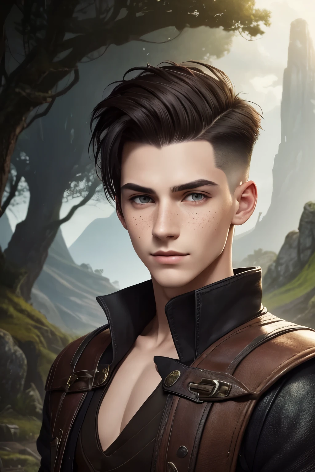 Fullbody portrait of an androgynous young male socerer with a undercut. Kind. Friendly. Happy. Very short haircut. Dark-brown hair with a undercut. Sides shaved. A soft narrow face with a lot of freckles. Long neck. Soft round chin. Wide forehead. Very thin barley visible eyebrows. Big upturned eyes. Dark-brown eyecolour. Long wide nose. Soft curved lips. Very pale skin with liverspots. Slim body. Black boots. Wearing D&D style clothing. Outfit of an Adventuerer. Beautiful colourful fantasy landscape with hills and forests.