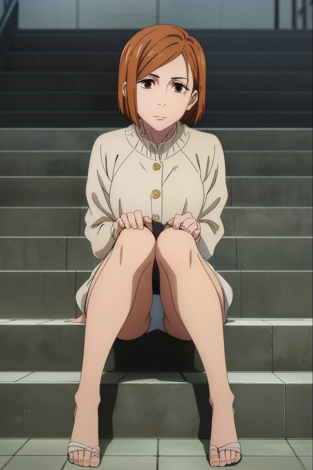 (masterpiece), (best quality), (ultra-detailed), (best illustration), (best shadow), (absurdres), (((brown eyes))), nobarakugisakinova, short hair, orange hair, kugisaki nobara, 1girl, solo, closed mouth, looking at viewer, underwear, knees together feet apart
