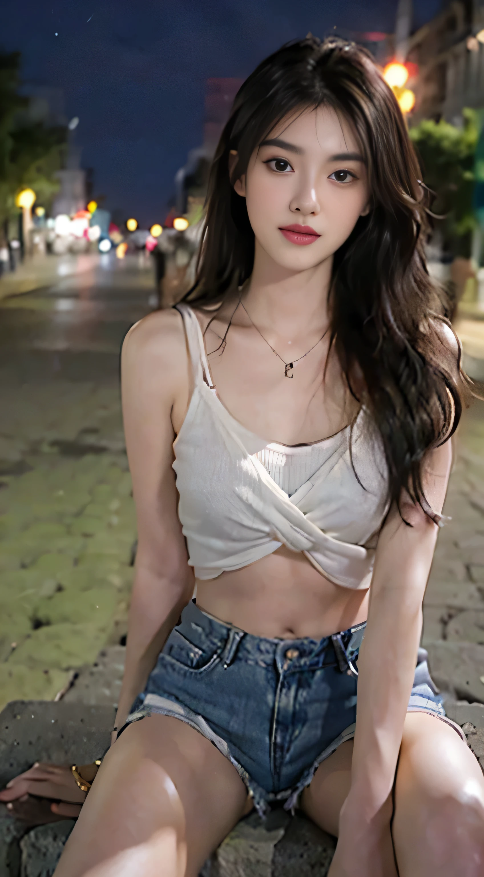 (masterpiece:1.2),best quality,high resolution,unified 8k wallpaper,(illustration:1),beautiful and delicate eyes:,extremely detailed face,perfect lighting,photo_\(mitigate\),photoactual,actual, 1 girl, alone, shorts, fireworks, denim, black hair, jewelry, denim shorts, necklace, long hair, septum, navel, looking at the audience, cutoff point, brown eyes, night, beach, sunglasses, short shorts, outdoor, {nude:1.3},sitting position
