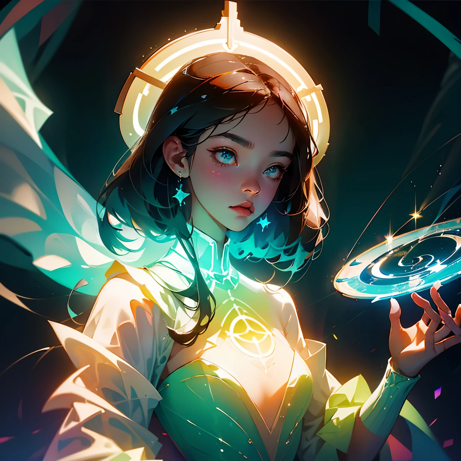 A 30-year-old Asian woman with wavy brown hair cascading down her shoulders and pensive green eyes, adorned in a blue silk dress, stands before a complex hologram in a futuristic laboratory. The lab is bathed in soft blue lights, casting a gentle glow on her features. She reaches out, gesturing towards the intricate hologram with a sense of concentration and curiosity. The hologram, in turn, responds with a myriad of colors and shapes, creating a mesmerizing and surreal scene. The details of her dress ripple in the hyper-realistic environment, capturing every fold and crease in high definition. The laboratory, with its