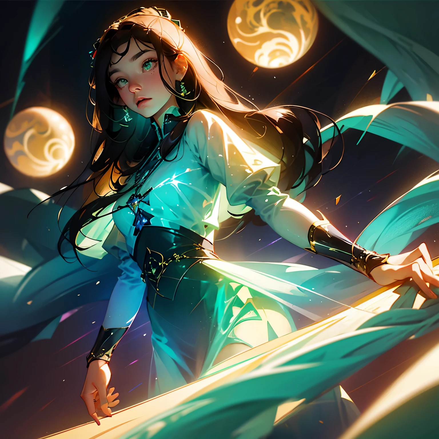 A 30-year-old Asian woman with wavy brown hair cascading down her shoulders and pensive green eyes, adorned in a blue silk dress, stands before a complex hologram in a futuristic laboratory. The lab is bathed in soft blue lights, casting a gentle glow on her features. She reaches out, gesturing towards the intricate hologram with a sense of concentration and curiosity. The hologram, in turn, responds with a myriad of colors and shapes, creating a mesmerizing and surreal scene. The details of her dress ripple in the hyper-realistic environment, capturing every fold and crease in high definition. The laboratory, with its