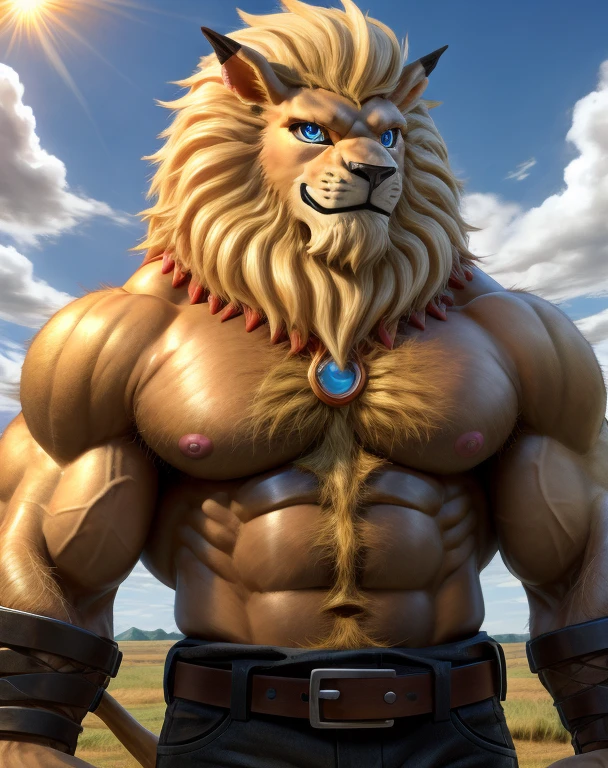 leomon,digimon,lion,male,uncle,adult,alone,4K,best quality,Face to face audience,Show muscles,looking at the audience,hairy body,bared  chest,Topless,Hairy chest,毛茸茸的lion尾巴,chest muscles,Pink nipples, Six-pack abs, biceps, 弯曲biceps, anatomically correct,Delicate fur,pride,soft shadow,majestic,Detailed face,High quality eyes,blue eyes,black pupils,Sharp eyes,Grandiose,Valiantary,brown belt,trousers,Black leather pants,Confident smile,Strong,mature,grassland,Blue sky and white clouds,The sun shines