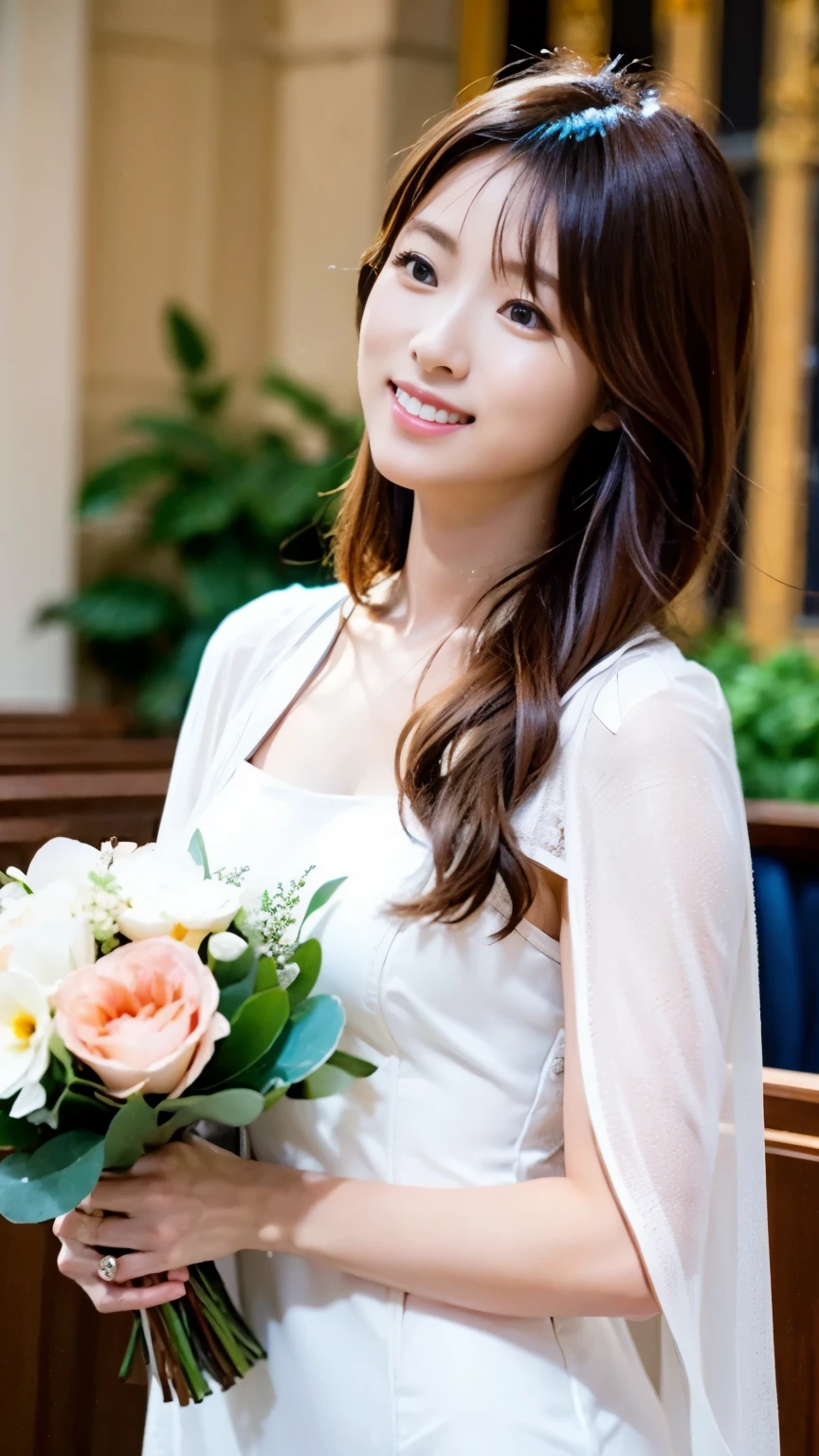 (Best Light: 1.2, Cute Korean Girl: 1.2, [White Dress: 1.3], Bouquet, Elegant and Colorful: 1.1, Bright and Attractive: 1.1, [Ultra-detailed: 1.2+Dynamic Pose+Delicate: 1.2],), Big breasts, smiling, holding a multicolored bouquet,