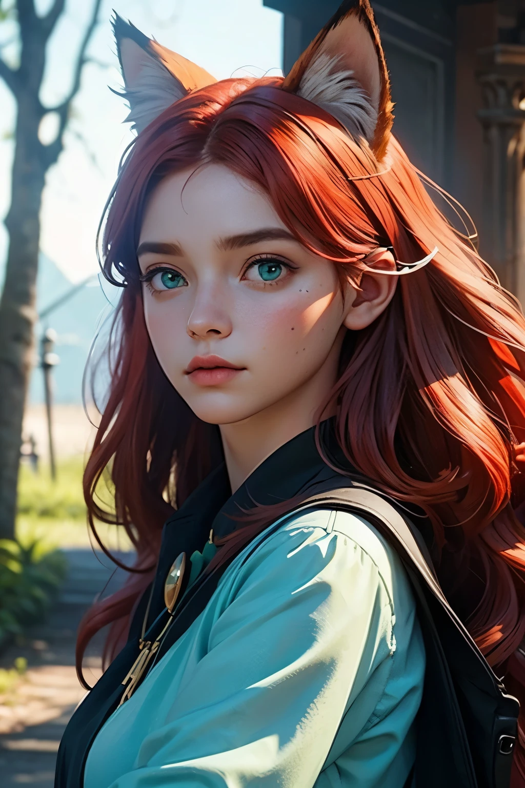 Beautiful sorcerer woman with fox ears, red hair, green eyes, mysterious look