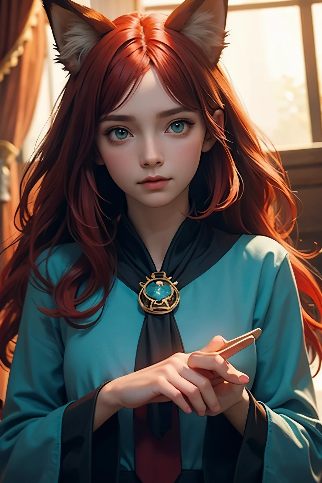 Beautiful sorcerer woman with fox ears, red hair, green eyes, mysterious look