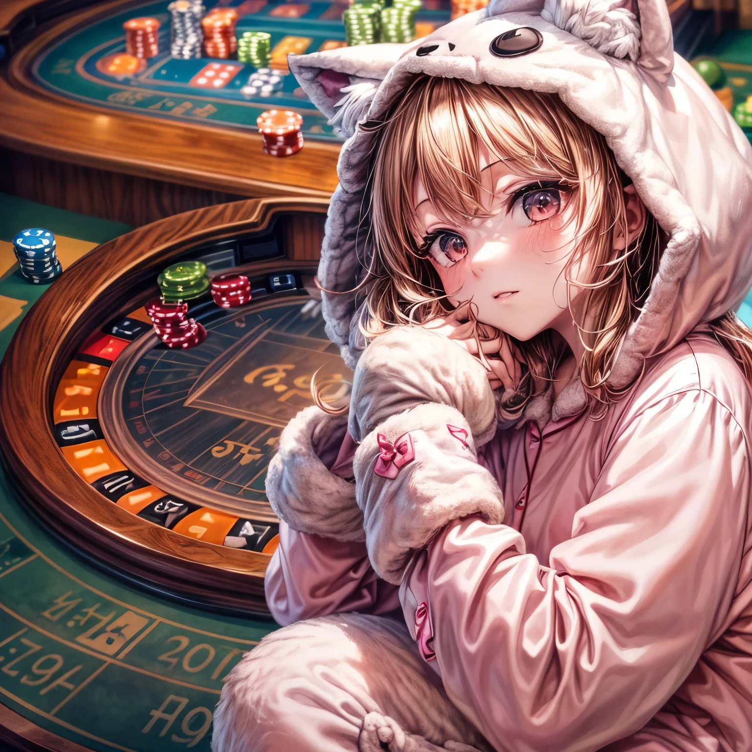 Little, Nendoroid, ((worst quality, low quality)), ((close), profile,1.5 facing left), ( girl), pink hair, (Fluffy wolf costume pajamas:1.4), (open income:1.2), (light red pajamas:1.4), Animal Hoodie, (hood up:1.under the hoodie, oversized hoodie, five fingers, perfect hands, The background is a casino, highest quality,Super detailed, masterpiece,