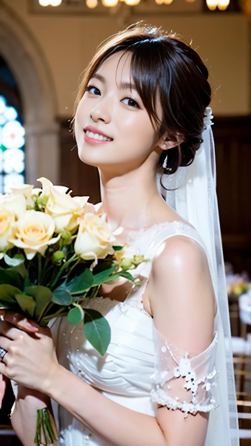 perfect anatomy,A beautiful bride wearing a pure white cape and wedding long tight dress holds a bouquet in a chapel by the pool and looks up at the sky with her arms outstretched.,(((Raise your chin, look up, and smile with all your might))),Full body shot from above,best image quality,professional angle of view,Exceptional detail,Super high resolution,realistic:1.4),high detail,focus on details,1girl concentrated in high concentration,beautiful chestnut hair,Beautiful face with a delicate and high nose,Long limbs and slim waist like a model,White Pin Heels,A smile with raised eyebrows and corners of the mouth,