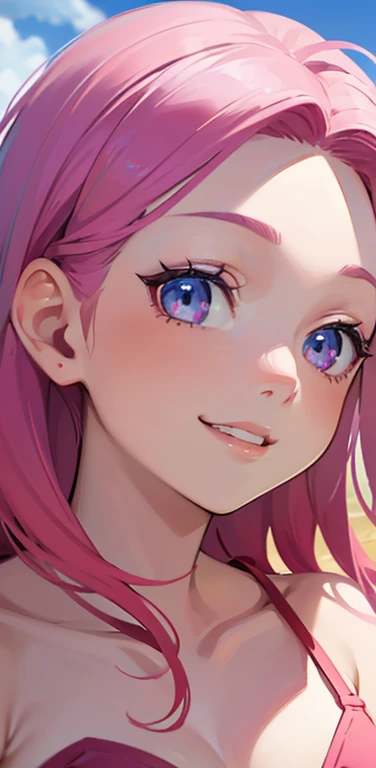 Realistic、1girl、pink hair、blue eyes、(face,face focus:1.3,upper body:1.5),(gradient eyes:1.3),(red bikini)、happy smile,forehead,cute face,portrait,beach、