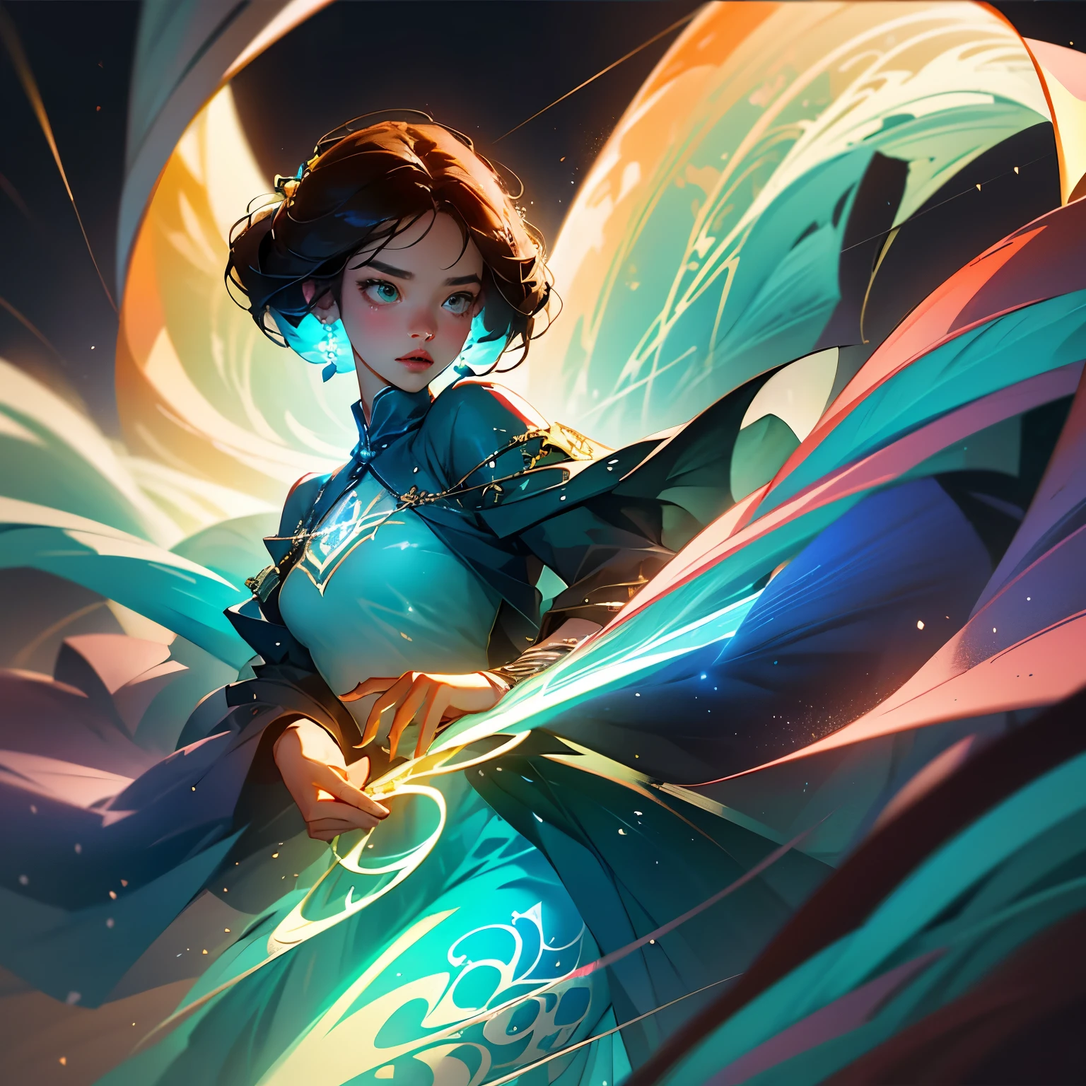 A 30-year-old Asian woman with wavy brown hair cascading down her shoulders and pensive green eyes, adorned in a blue silk dress, stands before a complex hologram in a futuristic laboratory. The lab is bathed in soft blue lights, casting a gentle glow on her features. She reaches out, gesturing towards the intricate hologram with a sense of concentration and curiosity. The hologram, in turn, responds with a myriad of colors and shapes, creating a mesmerizing and surreal scene. The details of her dress ripple in the hyper-realistic environment, capturing every fold and crease in high definition. The laboratory, with its
